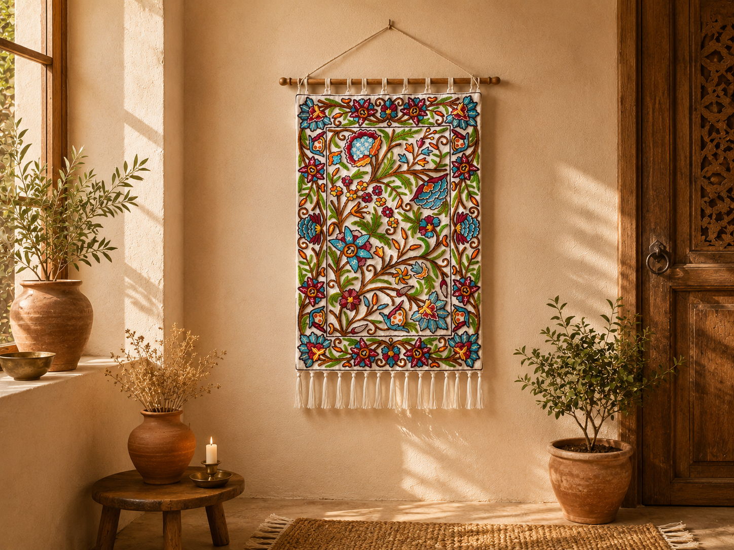 Kashmiri Embroidered Wall Hanging — Floral design, Wool on Cotton