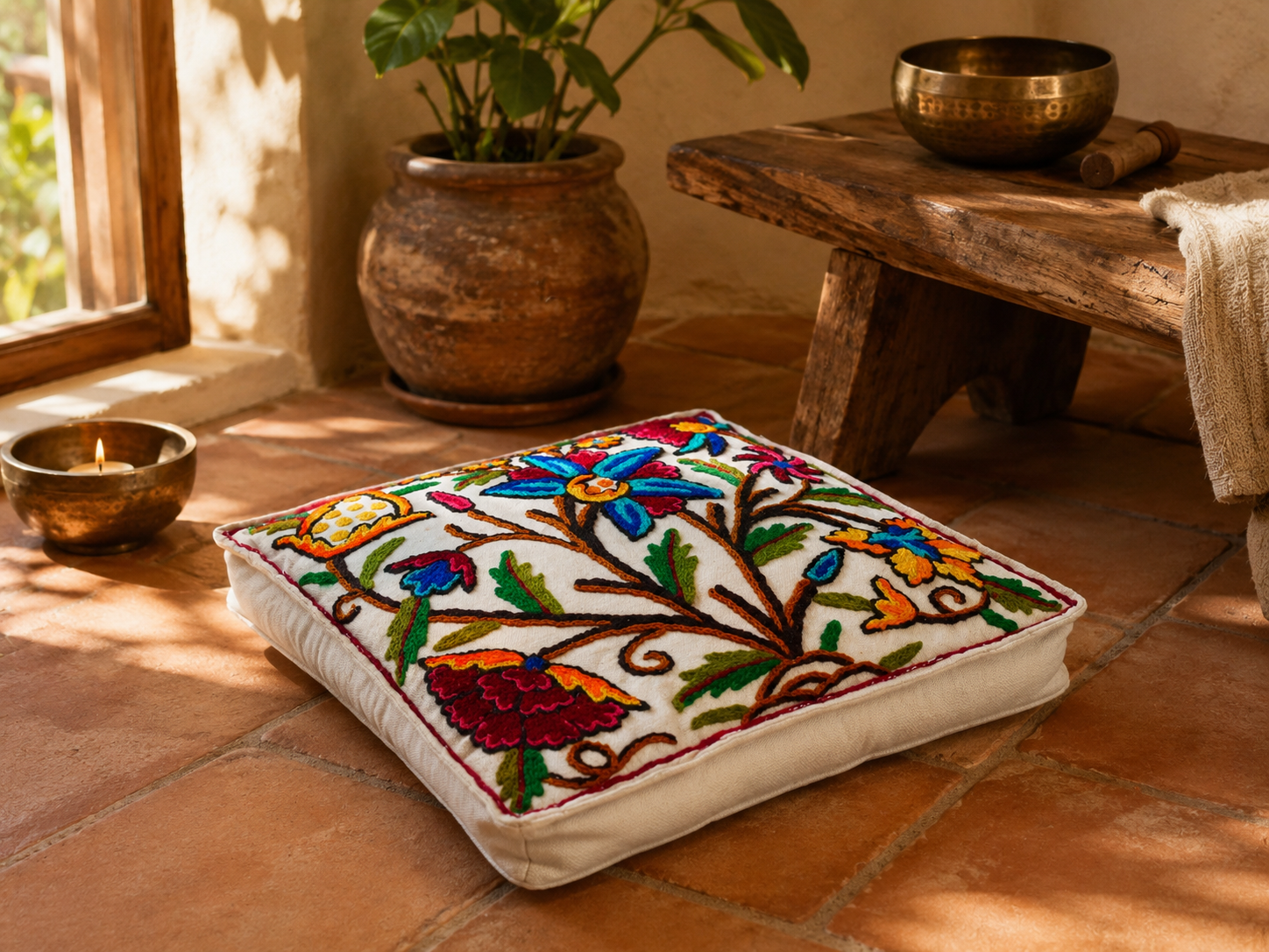 Kashmiri Meditation Cushion Covver – Hand Embroidered Floral Design