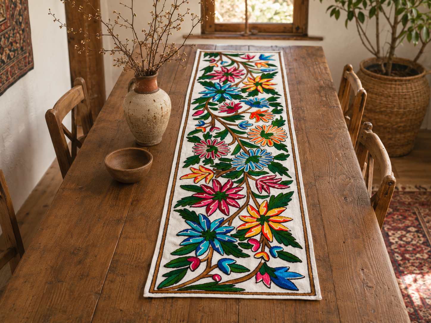 Kashmiri Crewel Embroidered Table Runner – Handmade Floral Table Decor with Traditional Crewel Embroidery