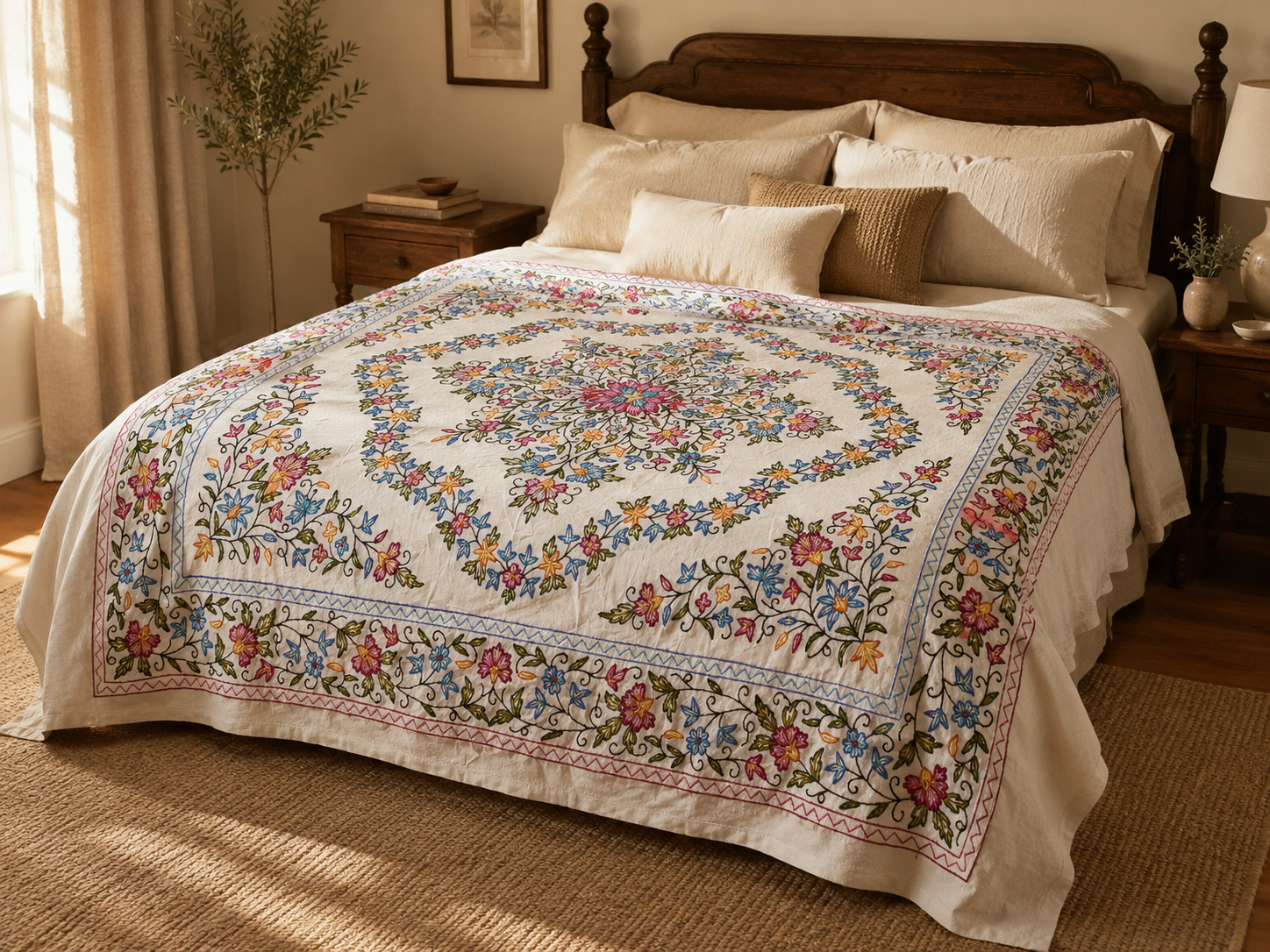 Boho-Bettwäsche - handgefertigte indische Tagesdecke, Kashmir Crewel-Vollstickerei-Bettdecke, farbenfroher Blumenbettüberwurf, böhmisches Schlafzimmer, Geschenk für sie
