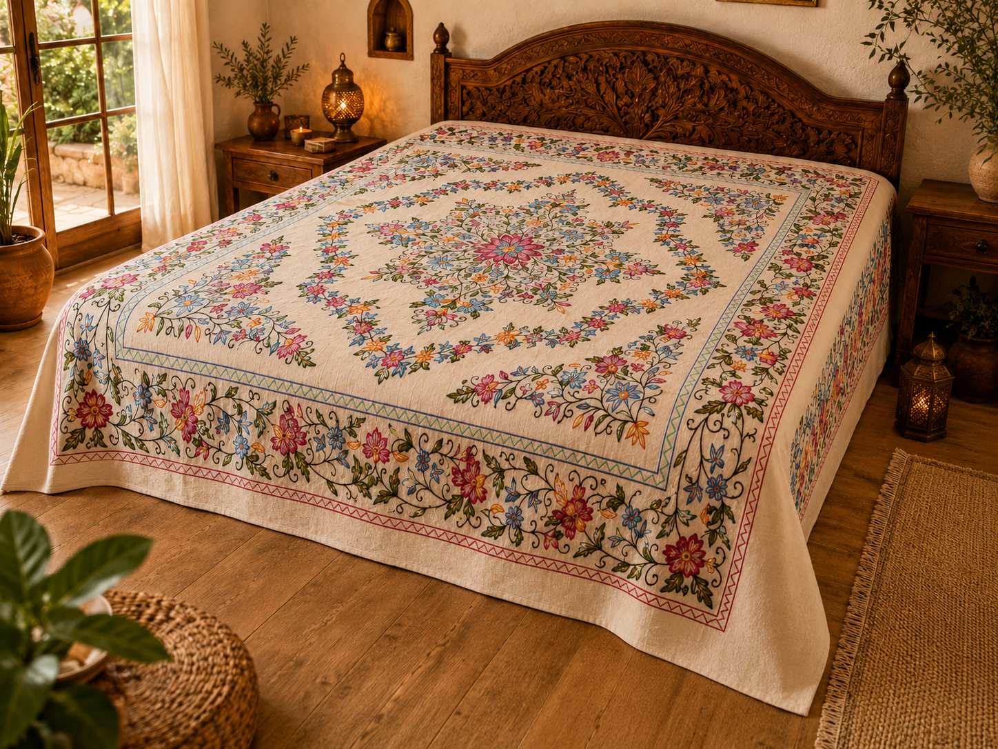 Boho-Bettwäsche - handgefertigte indische Tagesdecke, Kashmir Crewel-Vollstickerei-Bettdecke, farbenfroher Blumenbettüberwurf, böhmisches Schlafzimmer, Geschenk für sie
