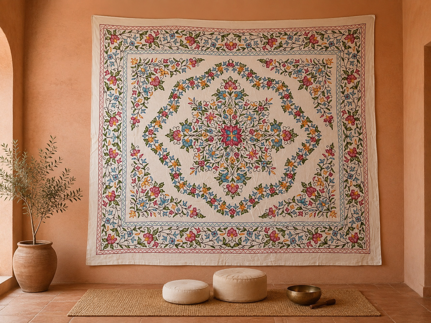 Kashmiri Crewel embroidery bed throw - Floral Design bohemian luxury bedding