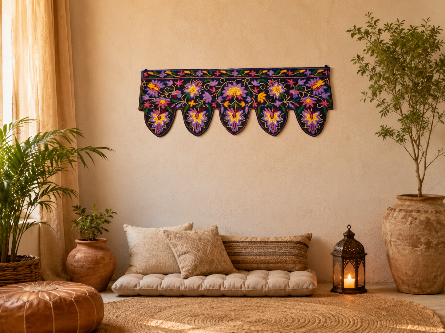 Kashmiri Toran Door Valance 39" Hand-Embroidered Floral Cotton & Wool Banner Crewel embroidery