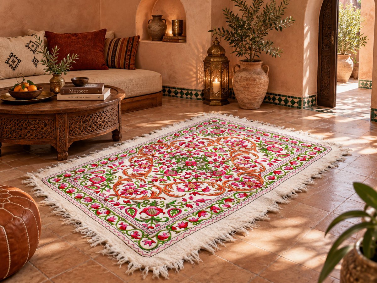 Gefilzter Wollteppich "Bergblume" | Bunter Teppich "Namda" aus Kaschmir | Blumenstickerei auf weißem 6x4 'Filzteppich | böhmisch - Boho