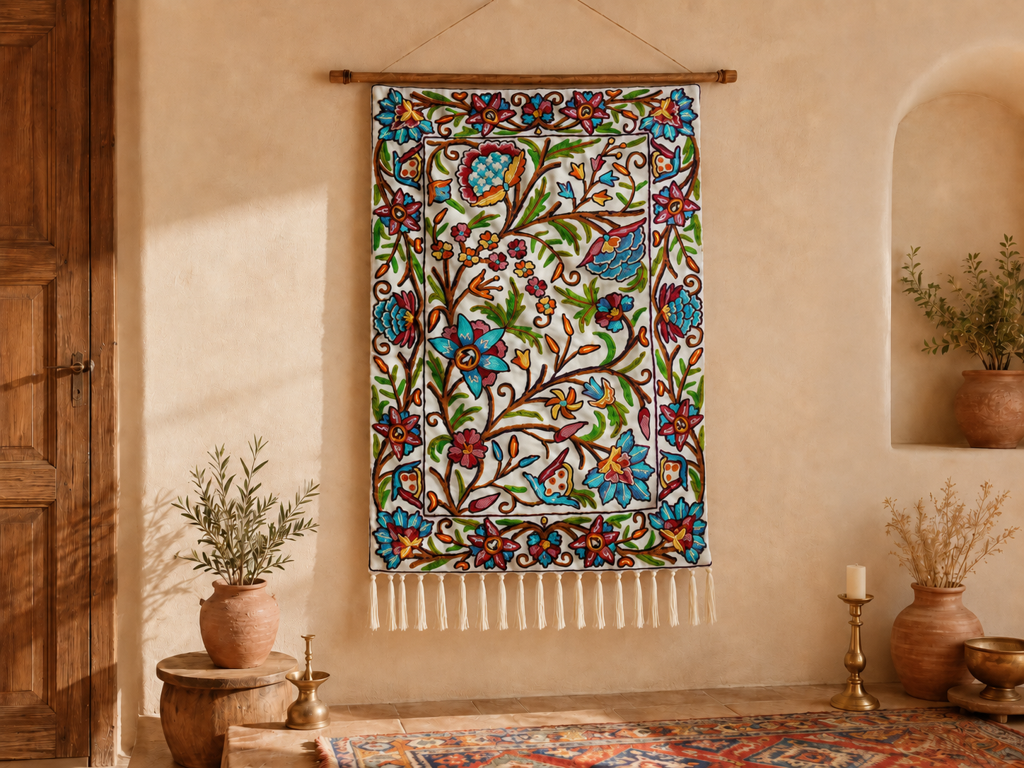 Kashmiri Embroidered Wall Hanging — Floral design, Wool on Cotton