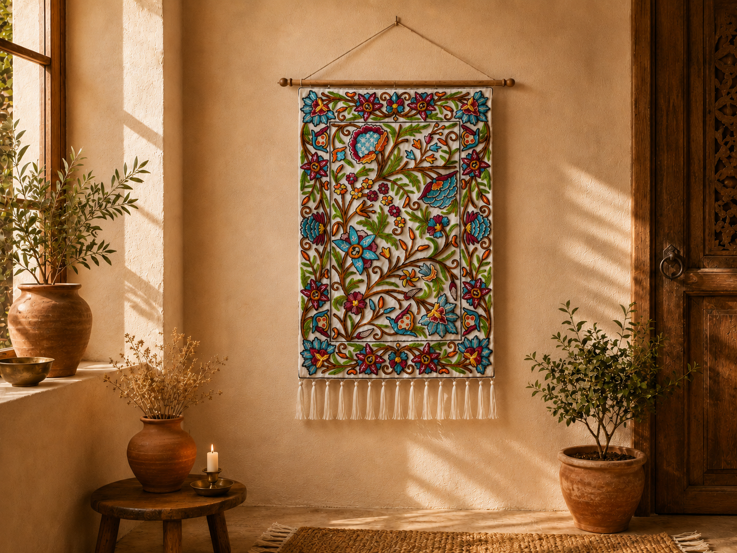 Kashmiri Embroidered Wall Hanging — Floral design, Wool on Cotton