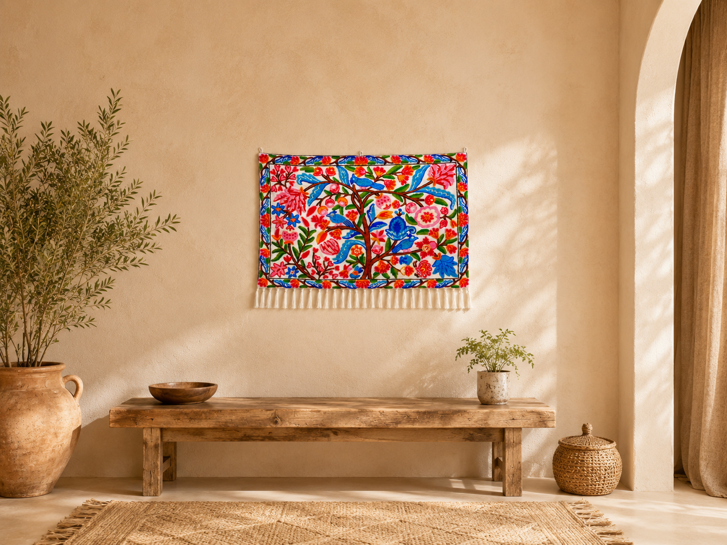 Kashmiri Embroidered Wall Hanging — Floral Tree & Birds, Wool on Cotton