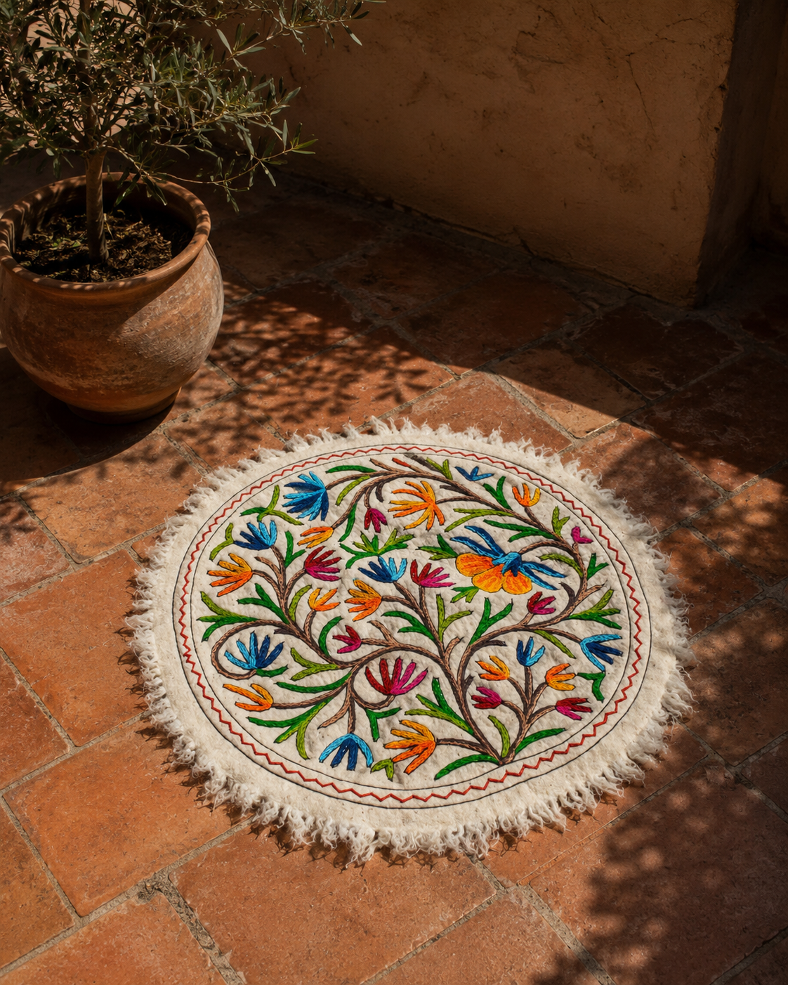 Boho Mandala Rug – Handcrafted Wool Namda from Kashmir, Colorful Embroidered Home Decor