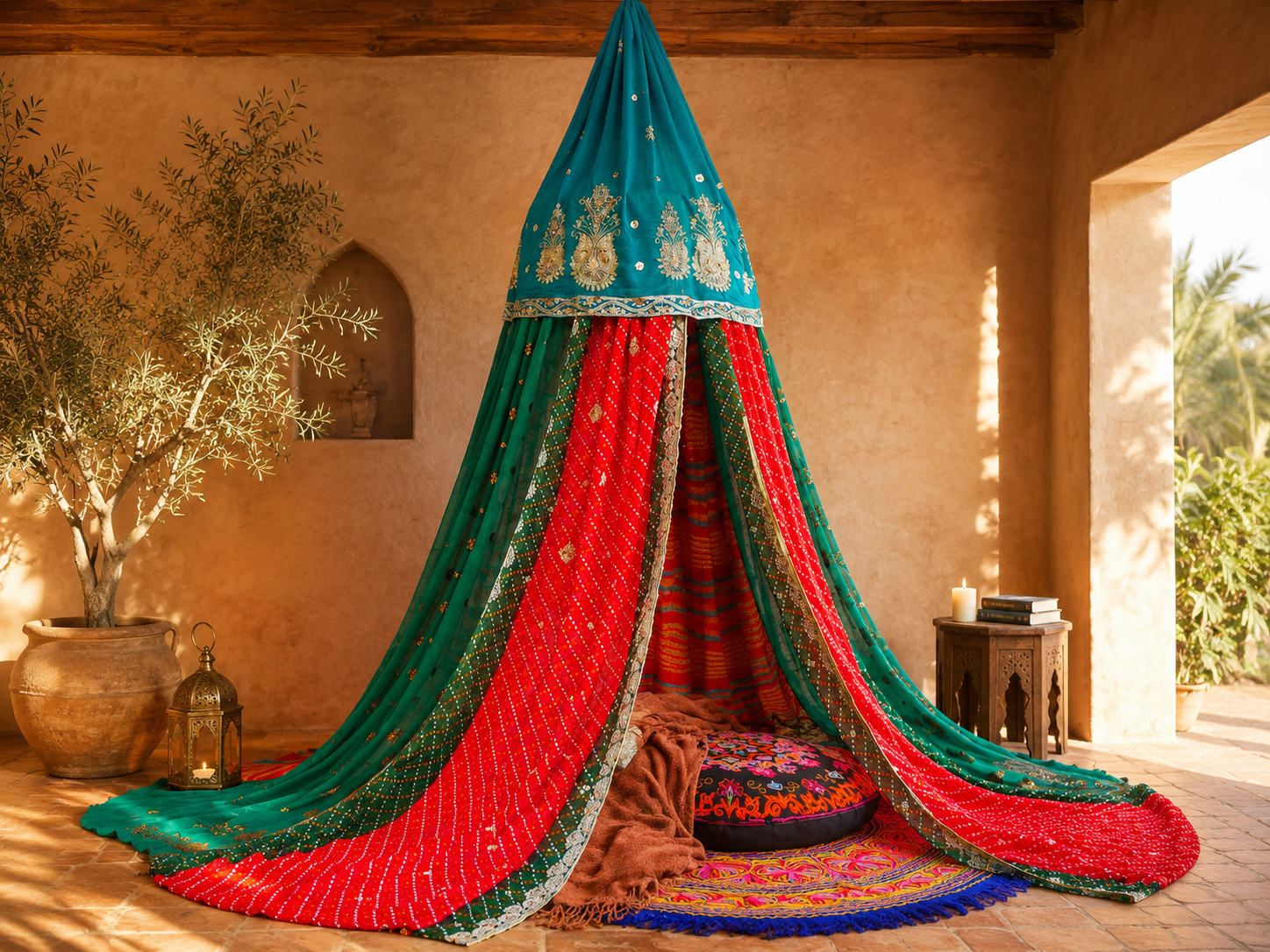 Handmade canopy Saree tent - bed canopy  | Colorful reading nook decor - Shanti baldachin for Meditation Spaces or kids play tent