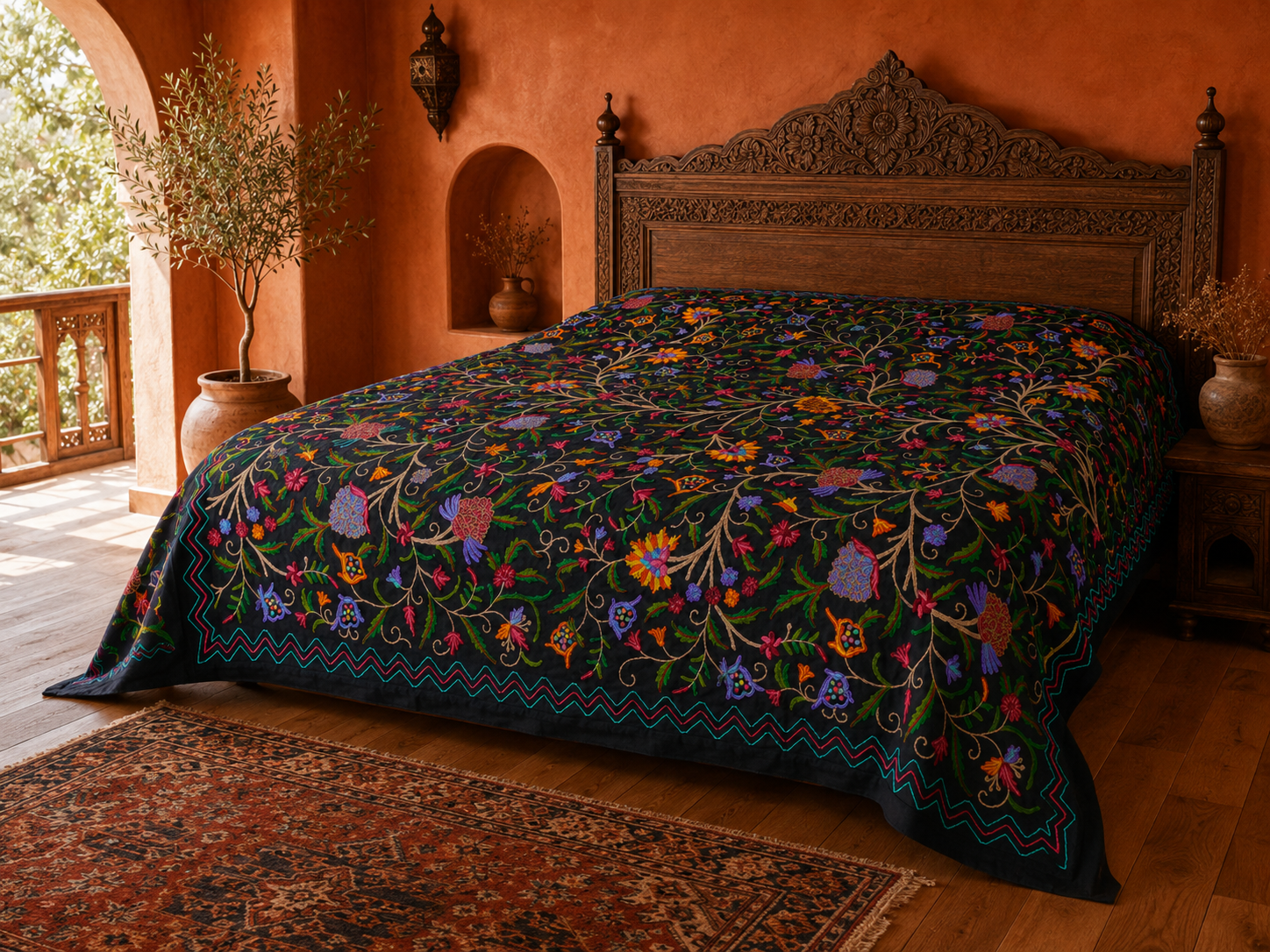 Bohemian luxury bedding "Dream of Kashmir" hand embroidered bed thow