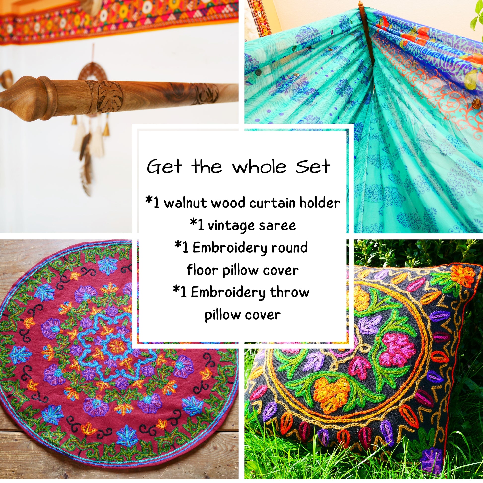 Boho Canopy Set with Walnut Wood Holder, Indian Saree Canopy, Embroidered Floor Pillow, Hippie Decor Set, Floor Seating - Meditation Space - The Shanti Home