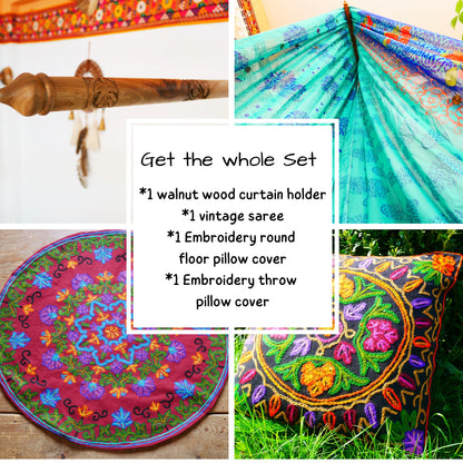 Boho Canopy Set with Walnut Wood Holder, Indian Saree Canopy, Embroidered Floor Pillow, Hippie Decor Set, Floor Seating - Meditation Space - The Shanti Home
