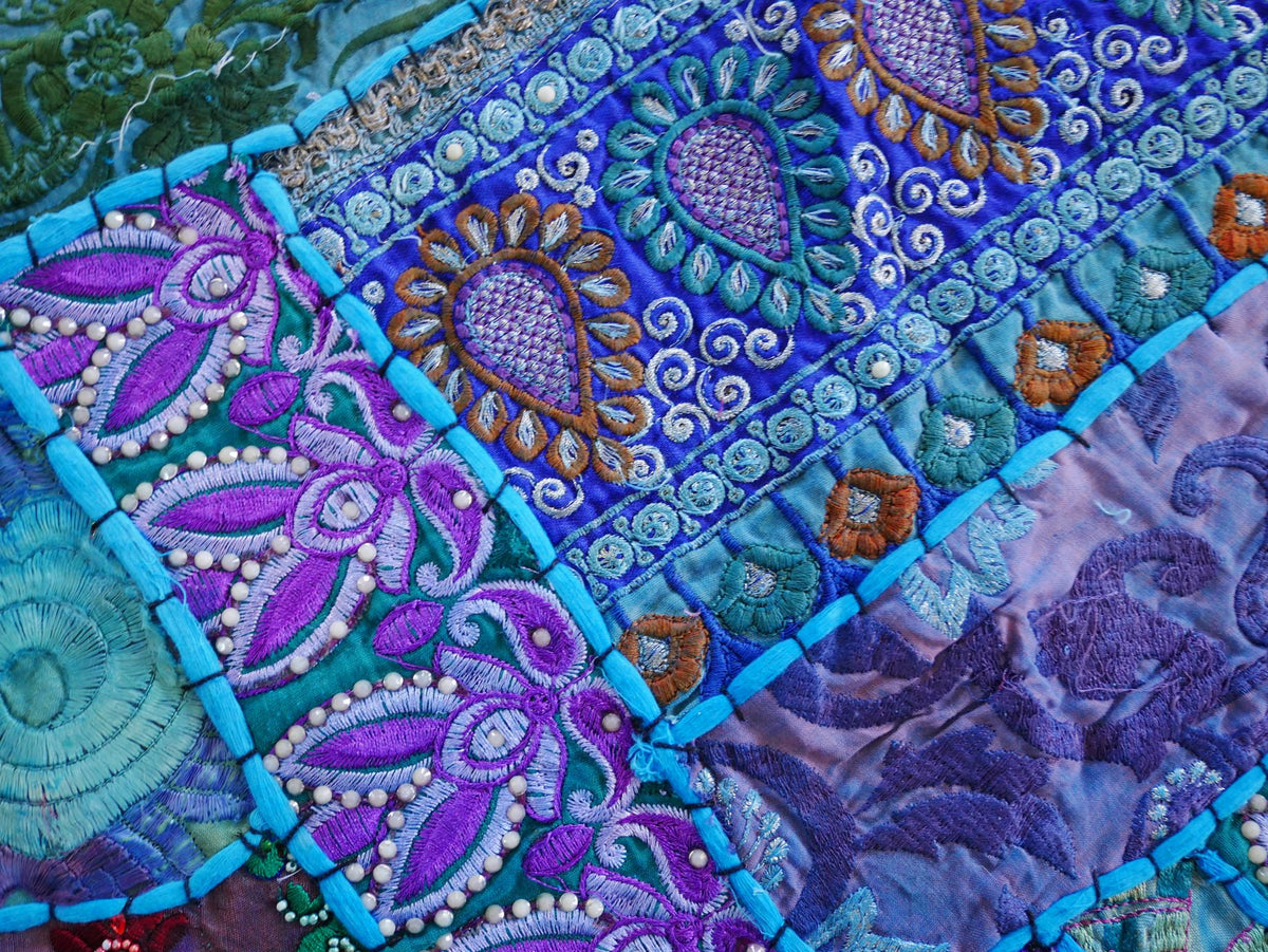 Boho wall hanging - blue tapestry - table runner vintage saree patchwork runner