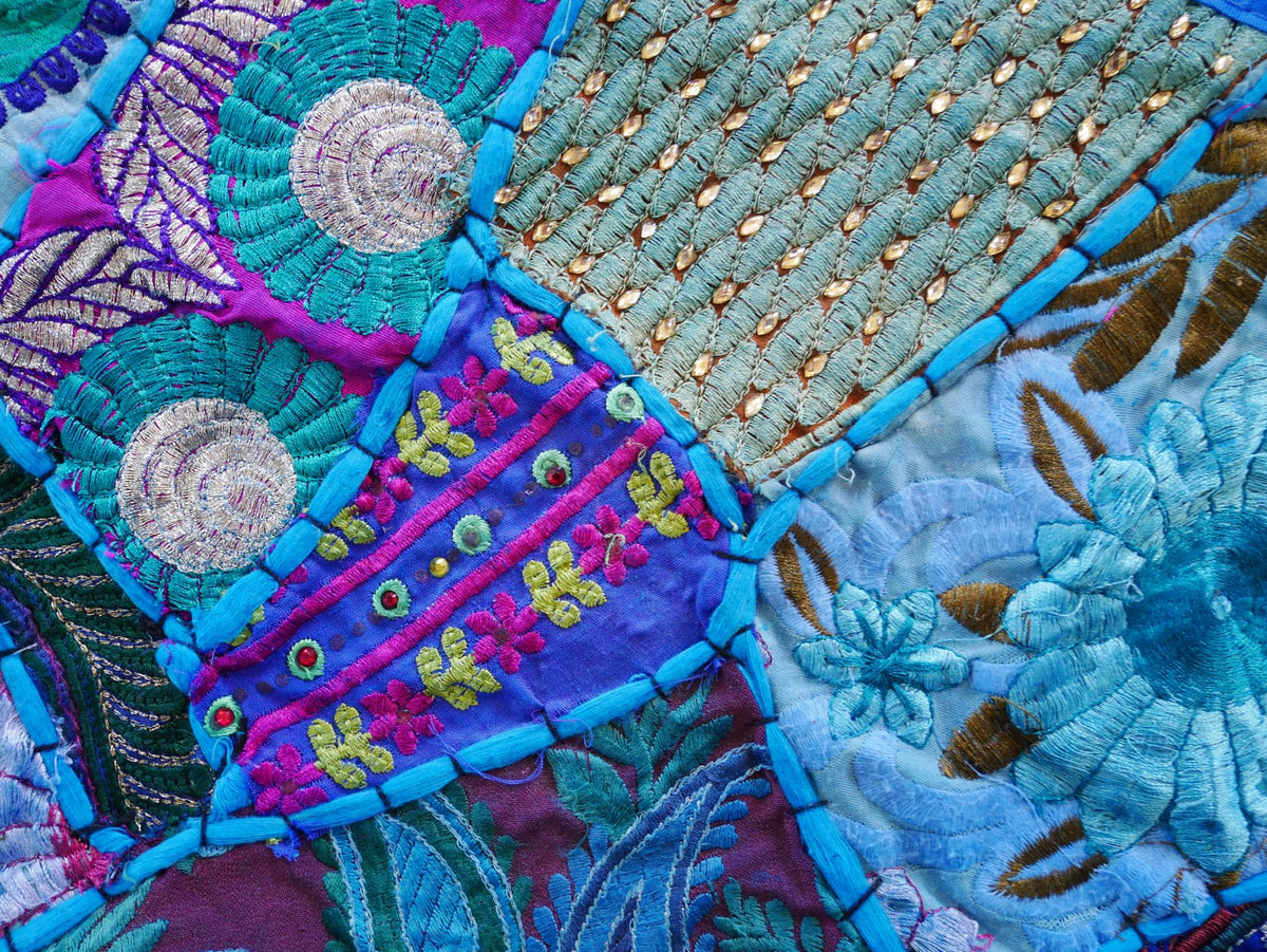 Boho wall hanging - blue tapestry - table runner vintage saree patchwork runner