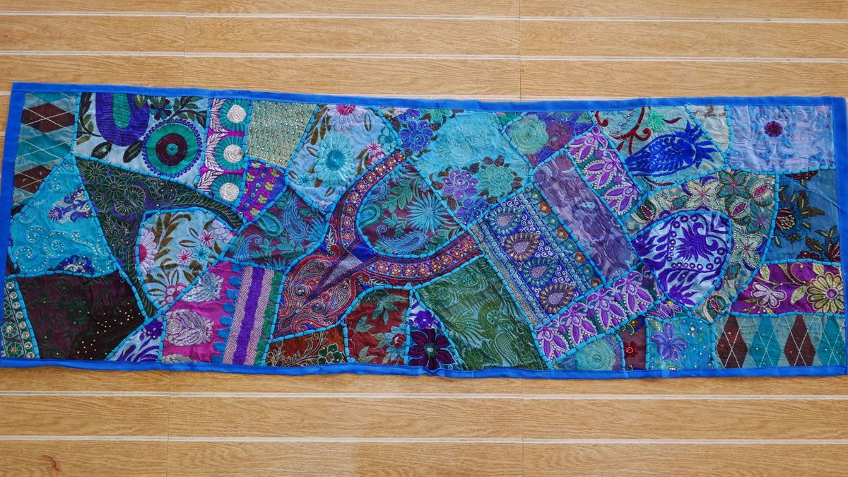 Boho wall hanging - blue tapestry - table runner vintage saree patchwork runner