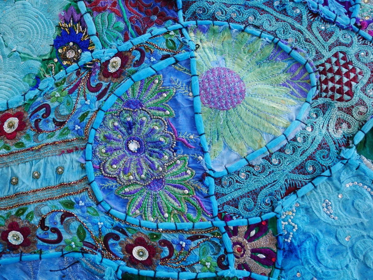 Boho wall hanging - blue tapestry - table runner vintage saree patchwork runner