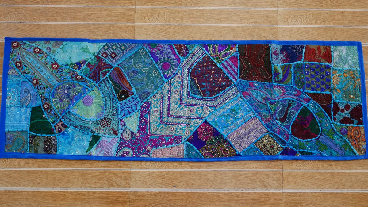 Boho wall hanging - blue tapestry - table runner vintage saree patchwork runner