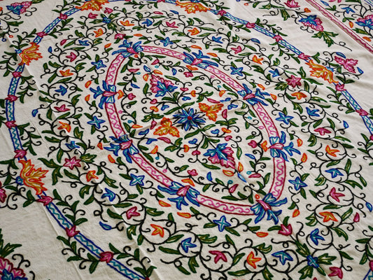 Hand embroidered Kashmiri bedspread - colorful crewel embroidery - large boho bed throw