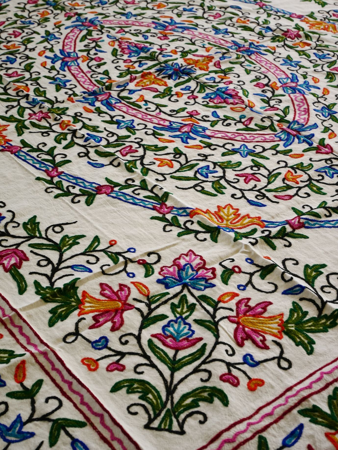 Hand embroidered Kashmiri bedspread - colorful crewel embroidery - large boho bed throw - The Shanti Home
