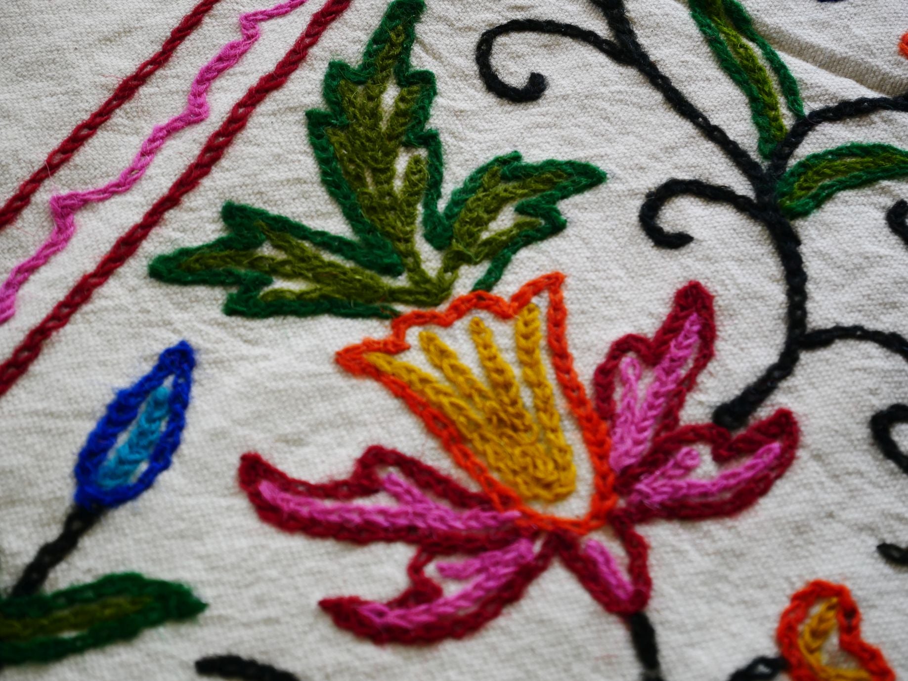 Hand embroidered Kashmiri bedspread - colorful crewel embroidery - large boho bed throw - The Shanti Home
