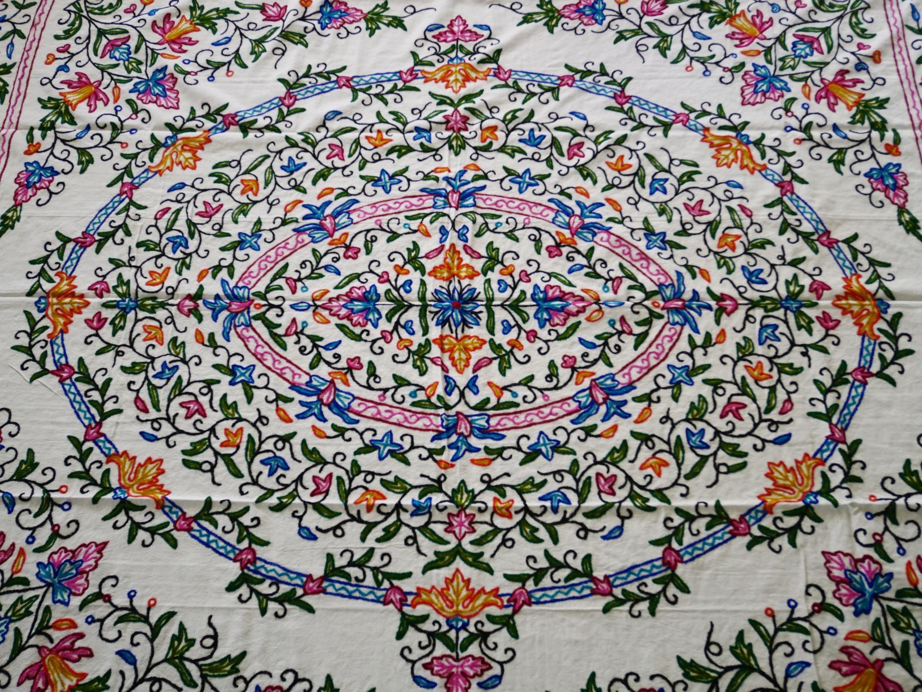 Hand embroidered Kashmiri bedspread - colorful crewel embroidery - large boho bed throw - The Shanti Home