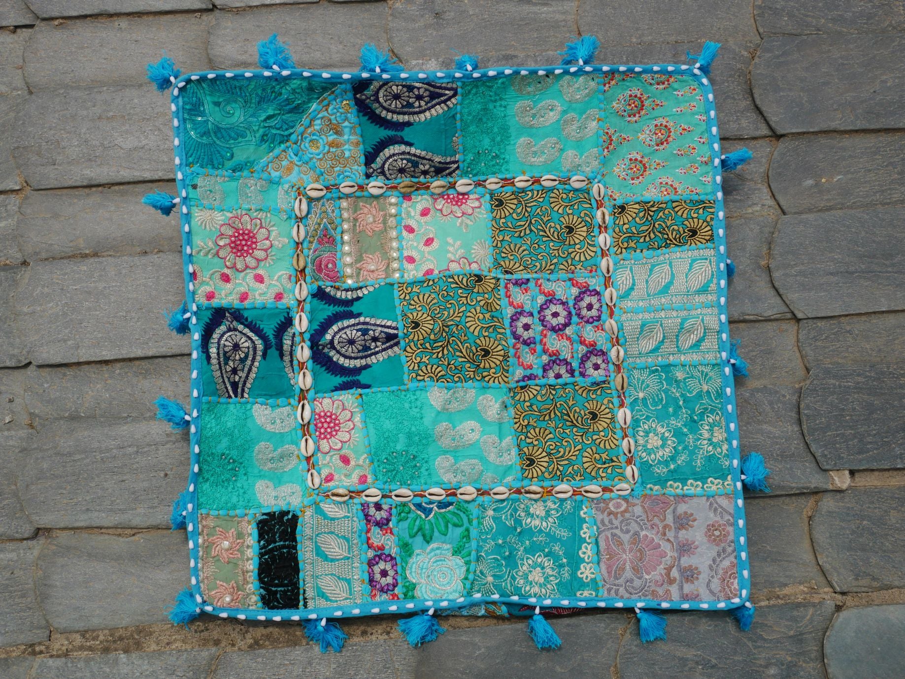 24" Floor pillow cover turquoise square pouf cushion - Indian style floor seating