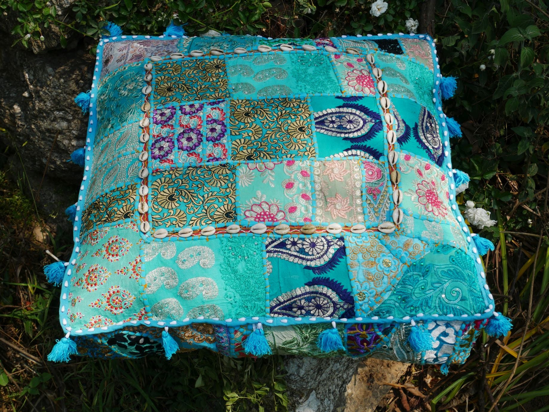 24" Floor pillow cover turquoise square pouf cushion - Indian style floor seating