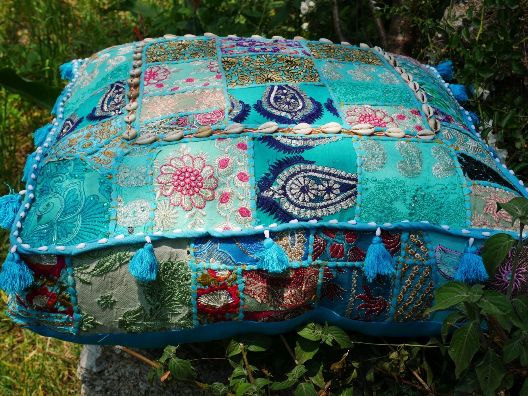 24" Floor pillow cover turquoise square pouf cushion - Indian style floor seating
