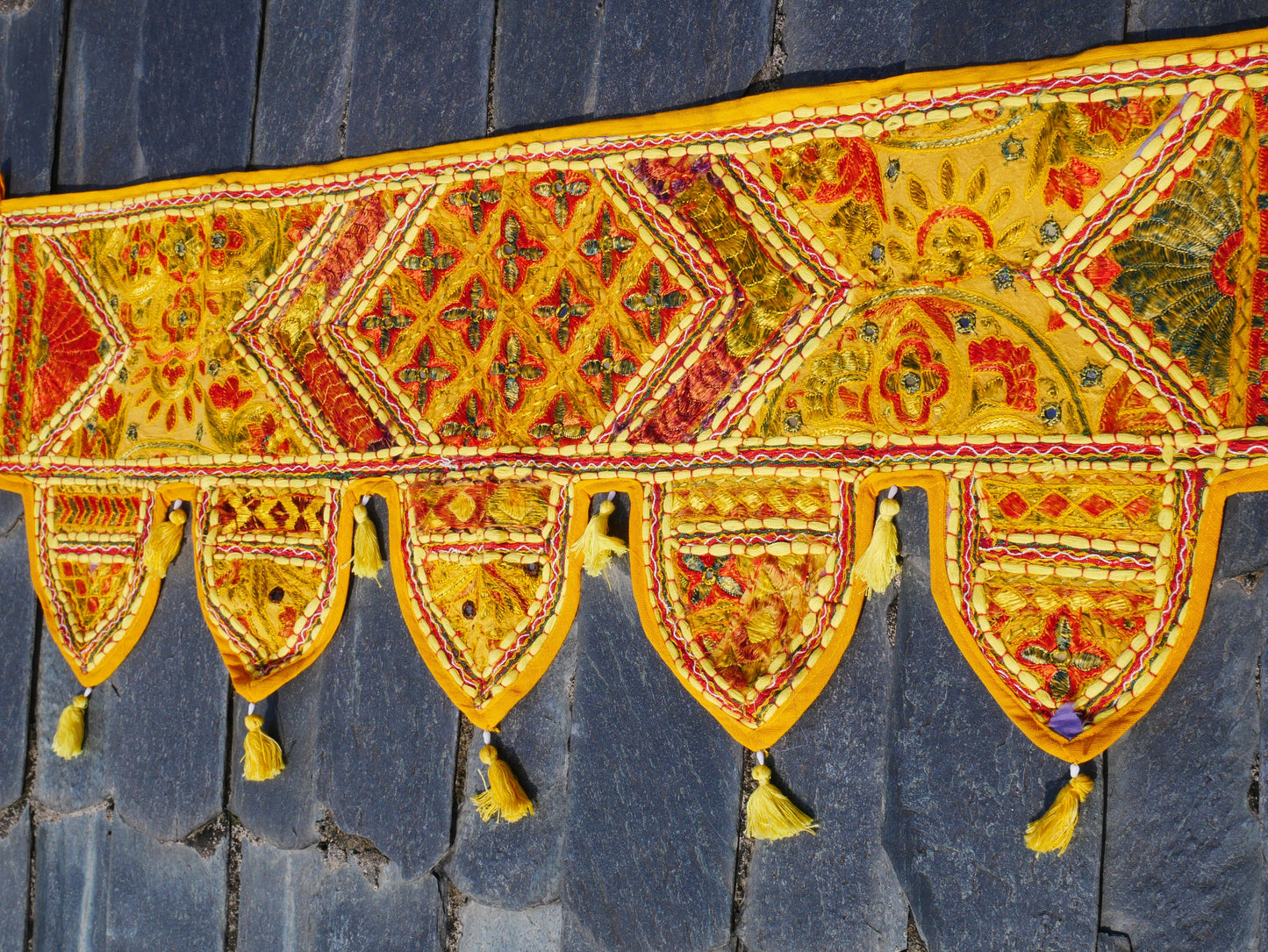 Embroidery Toran - Indian door hanging - Boho window valance yellow