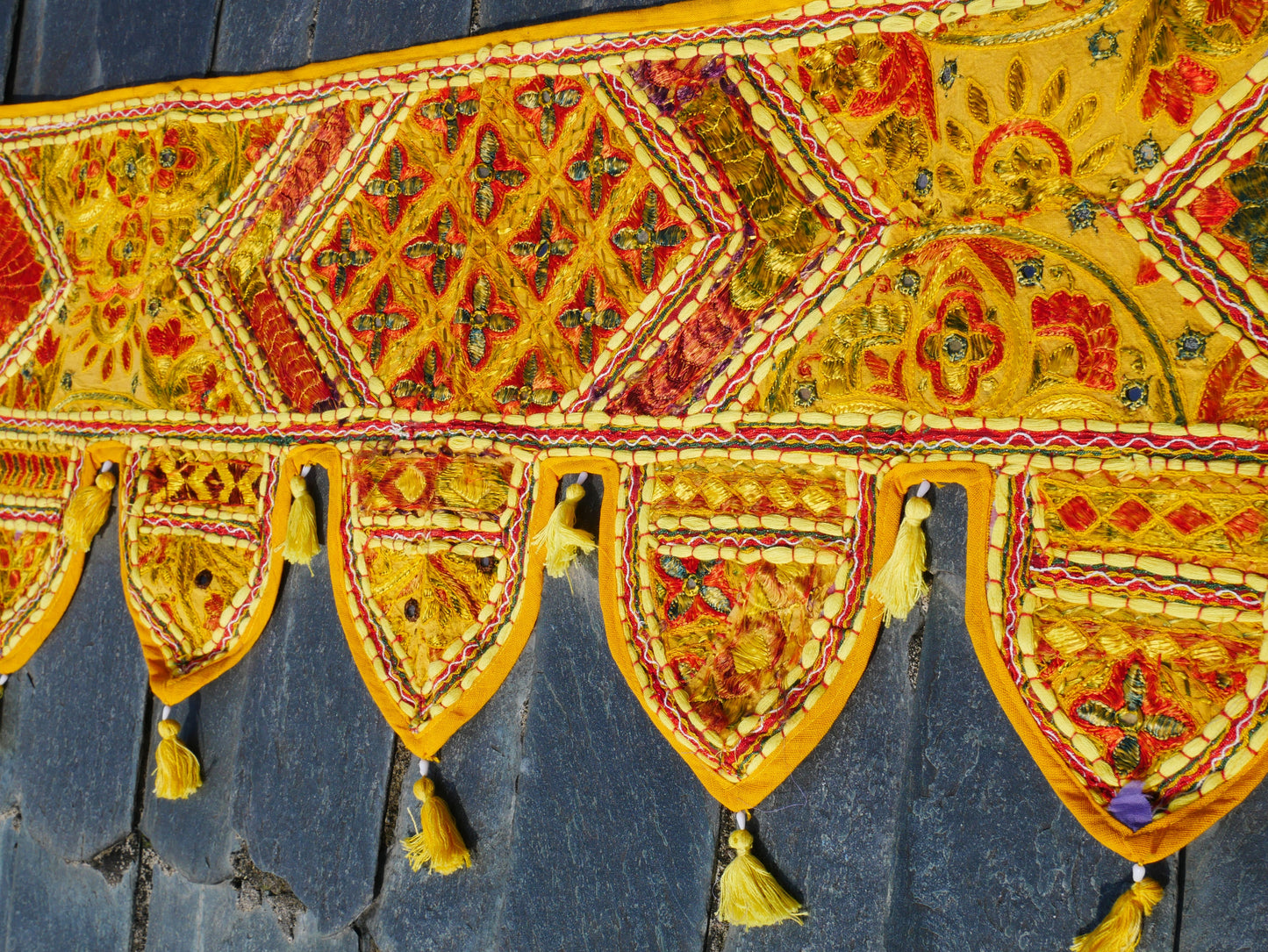 Embroidery Toran - Indian door hanging - Boho window valance yellow
