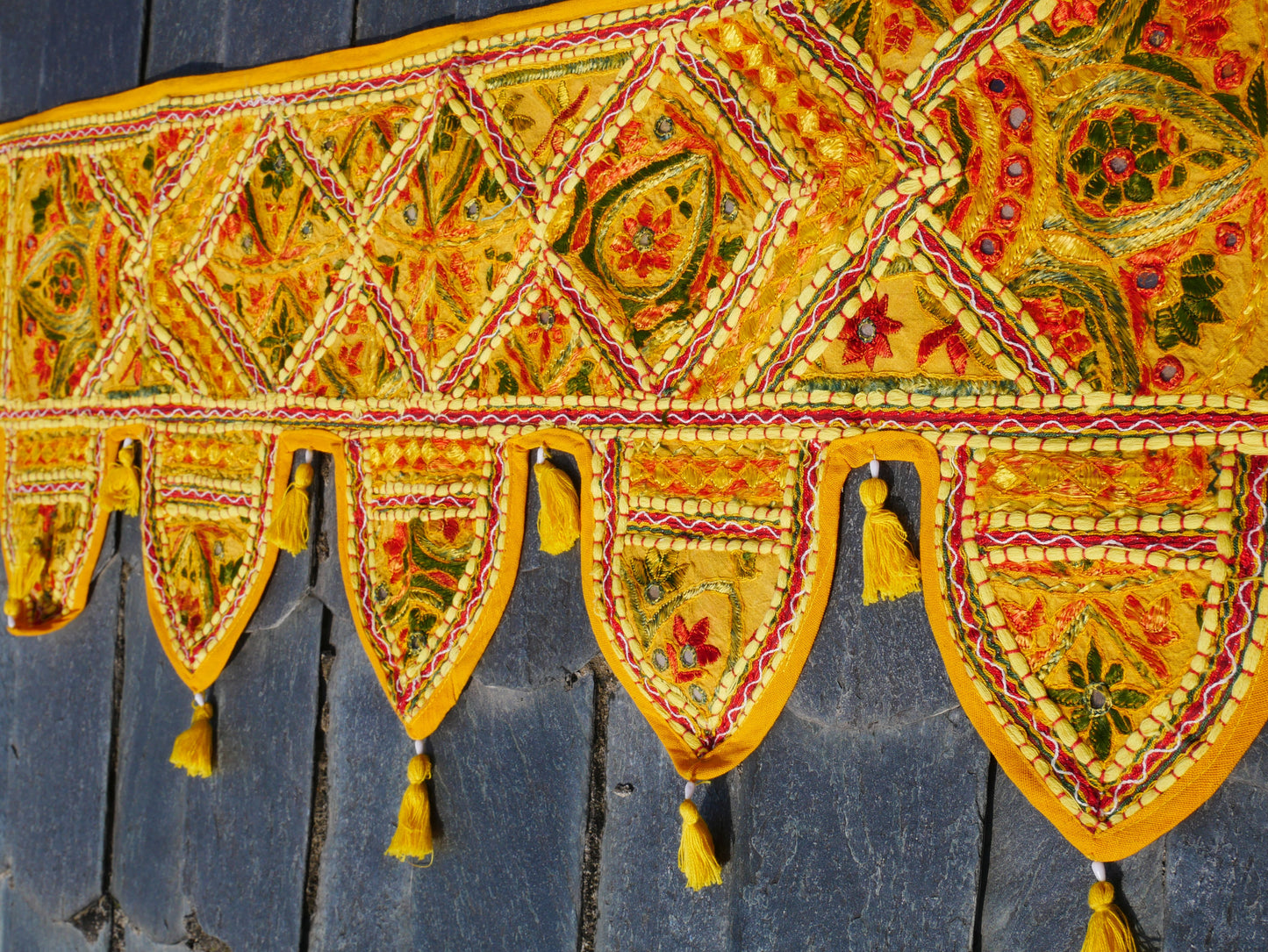Embroidery Toran - Indian door hanging - Boho window valance yellow