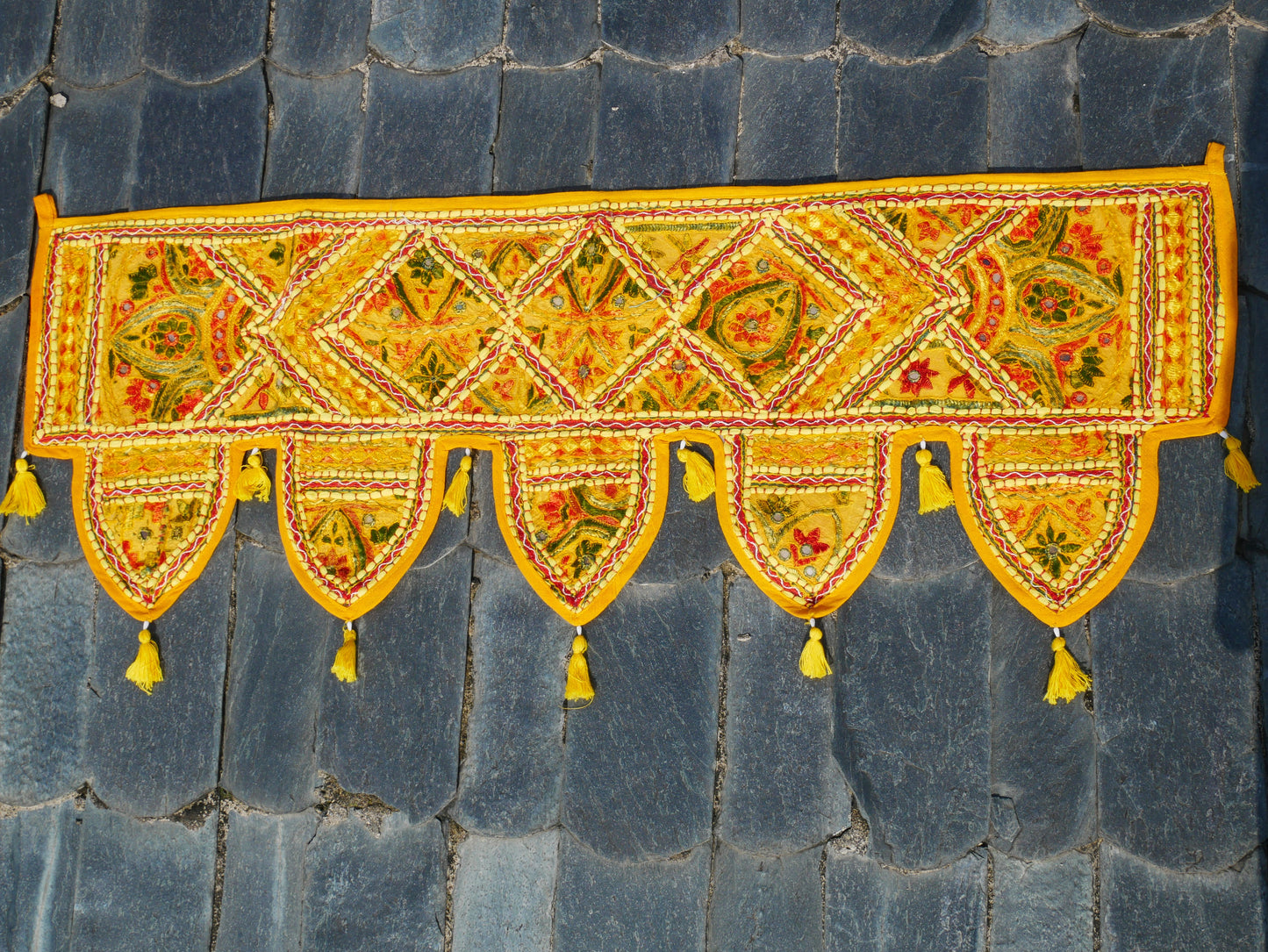 Embroidery Toran - Indian door hanging - Boho window valance yellow