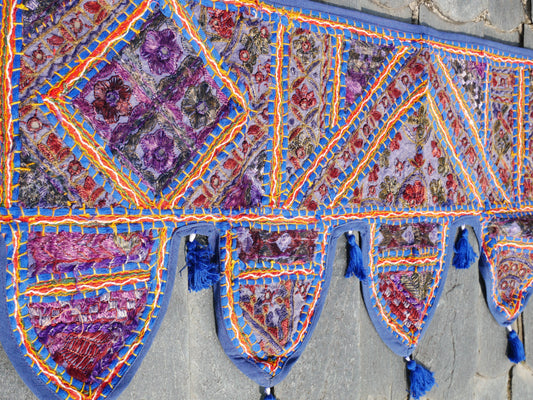 Embroidery Toran - Indian door hanging - Boho window valance blue