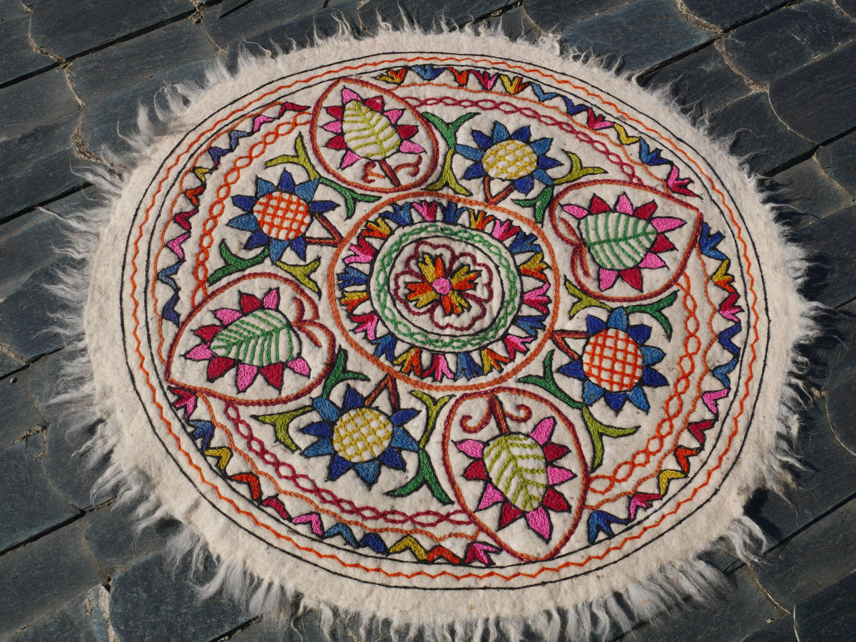 Round Boho Mandala Rug “Namda” | Colorful Kashmir Hand-Embroidered Fel