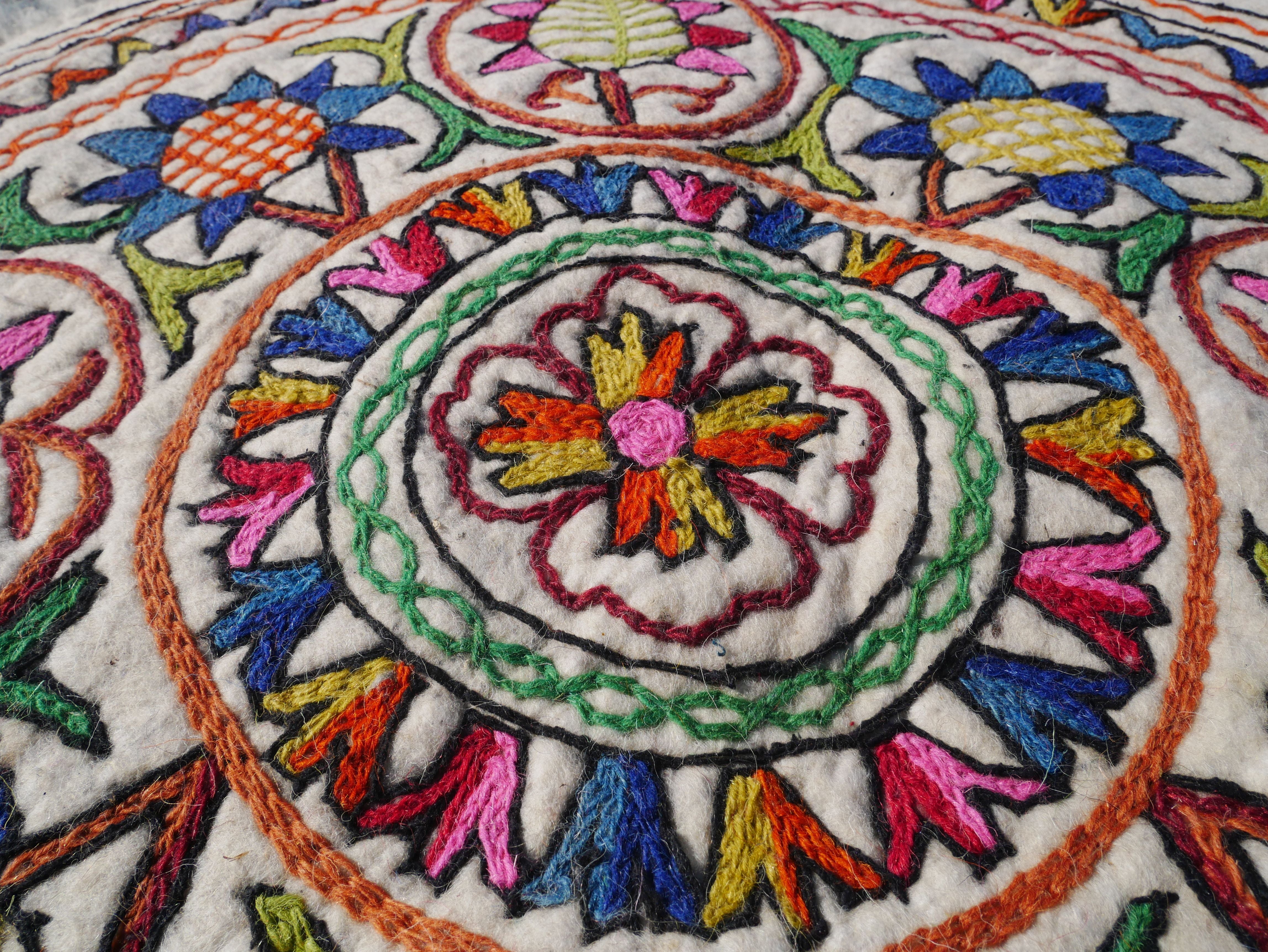 Round  Mandala rug | Kashmiri "Namda" felt wool rug, hand embroidered colorful boho accent rug - The Shanti Home