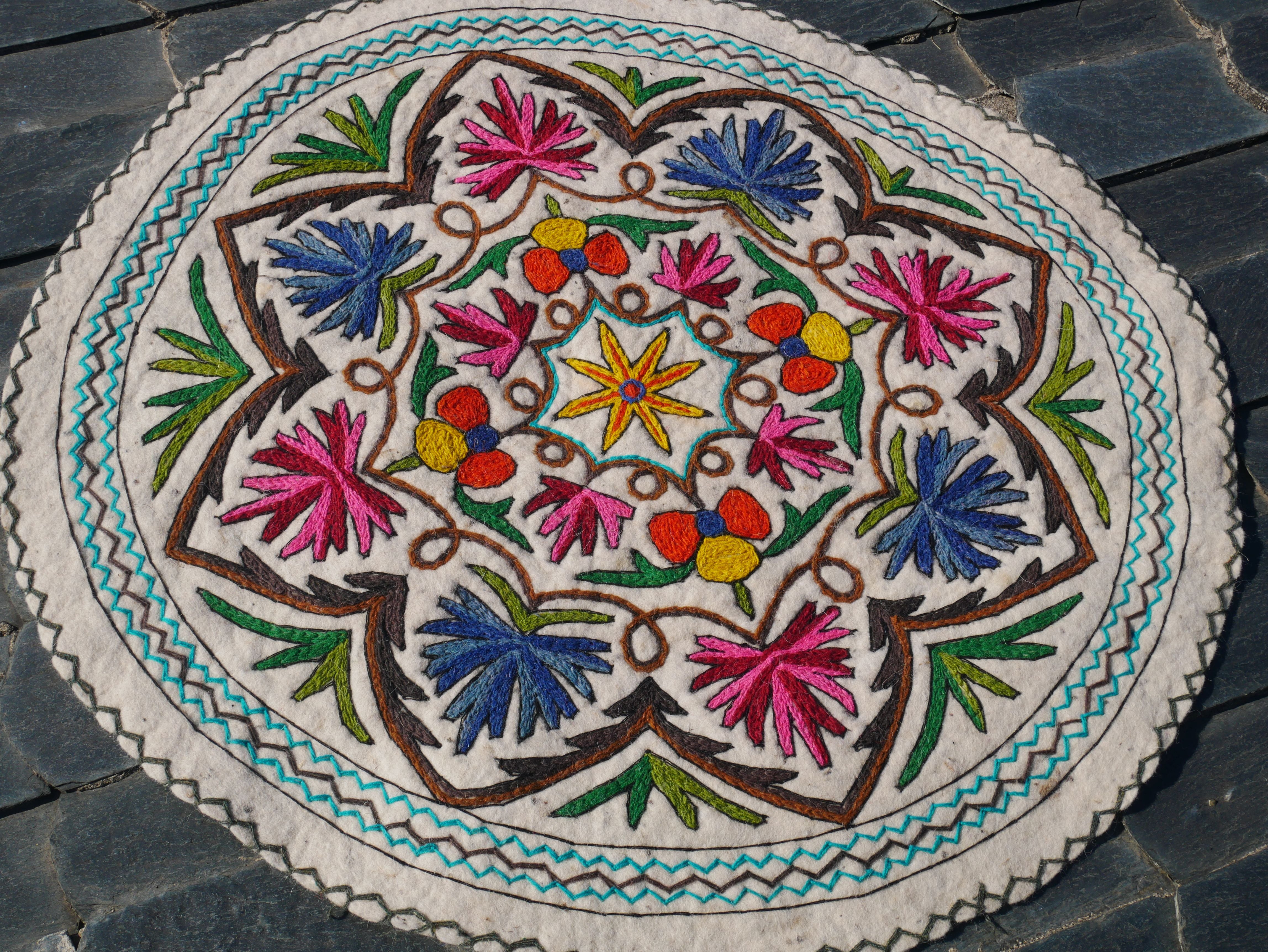 Round Mandala rug | Kashmiri "Namda" felt wool rug, hand embroidered colorful boho accent rug - The Shanti Home