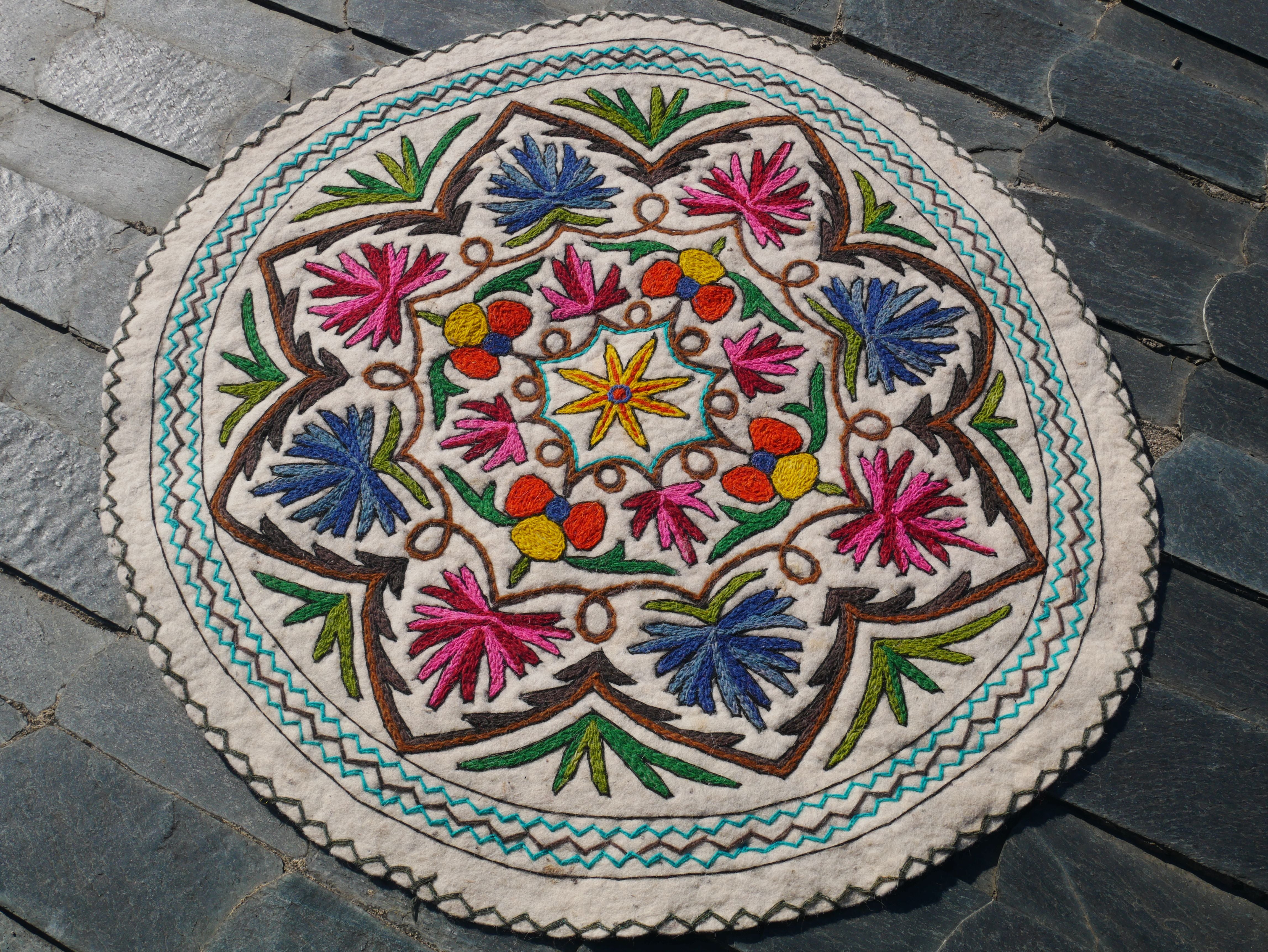 Round Mandala rug | Kashmiri "Namda" felt wool rug, hand embroidered colorful boho accent rug - The Shanti Home