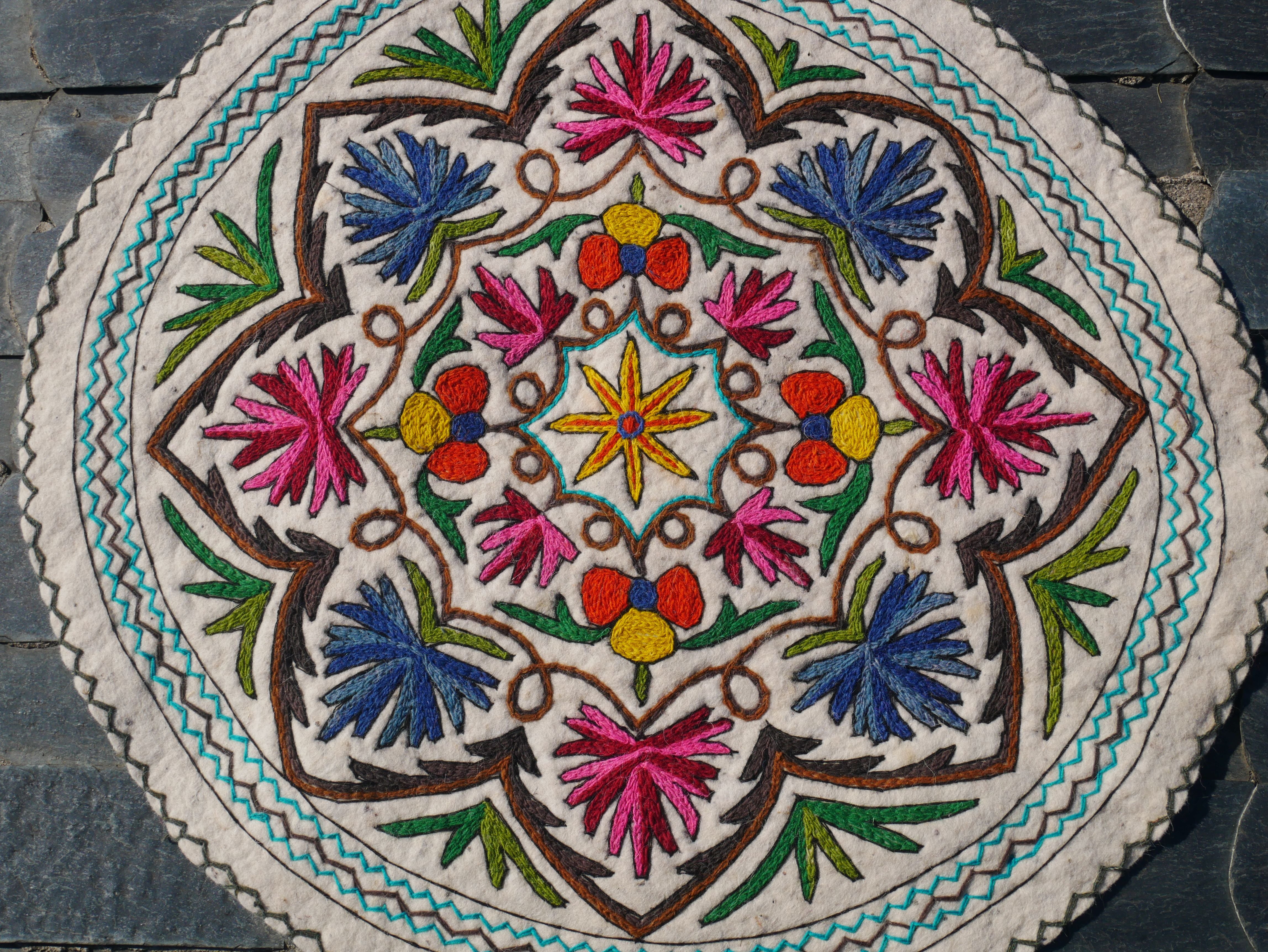 Round Mandala rug | Kashmiri "Namda" felt wool rug, hand embroidered colorful boho accent rug - The Shanti Home