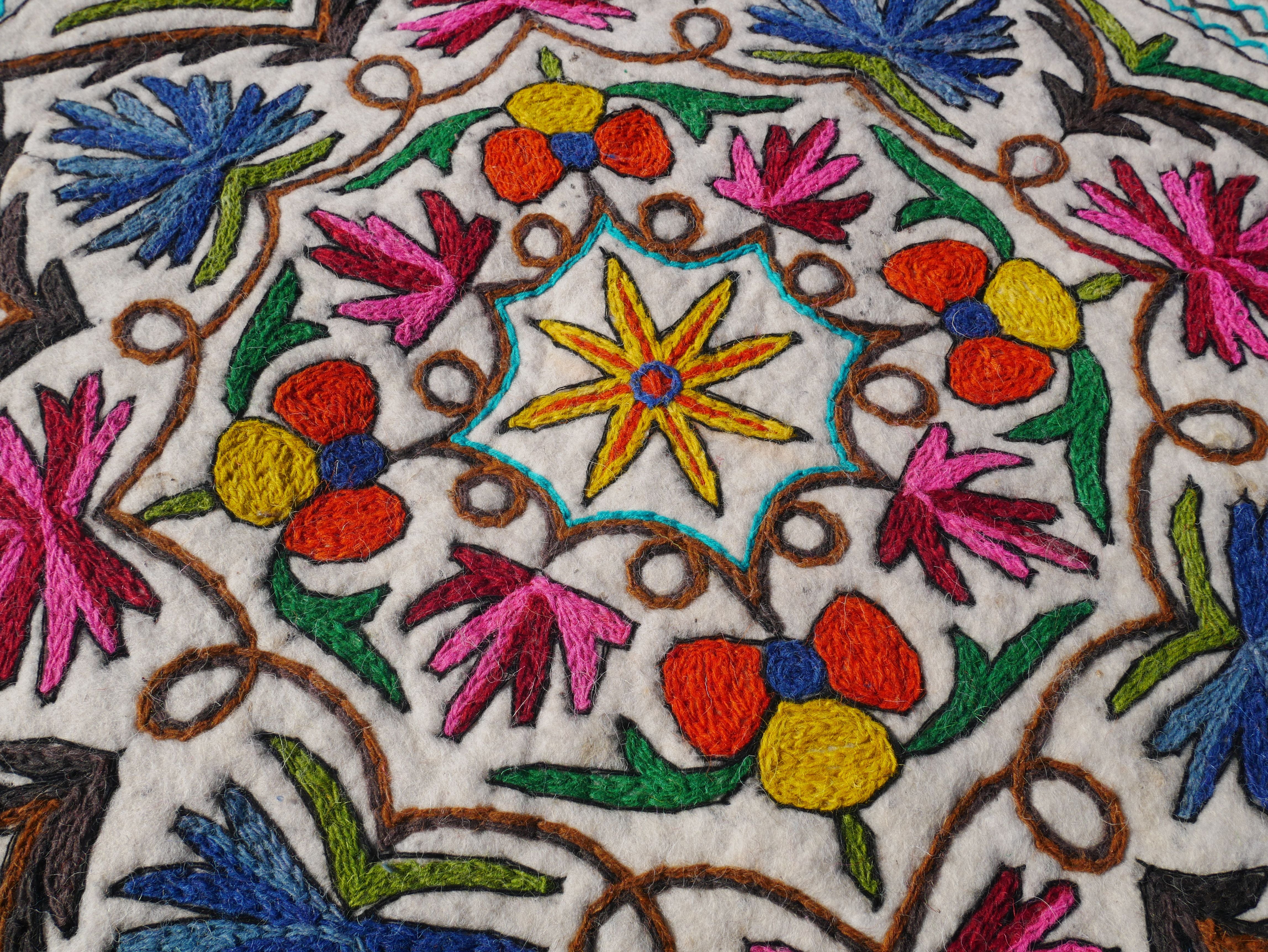 Round Mandala rug | Kashmiri "Namda" felt wool rug, hand embroidered colorful boho accent rug - The Shanti Home