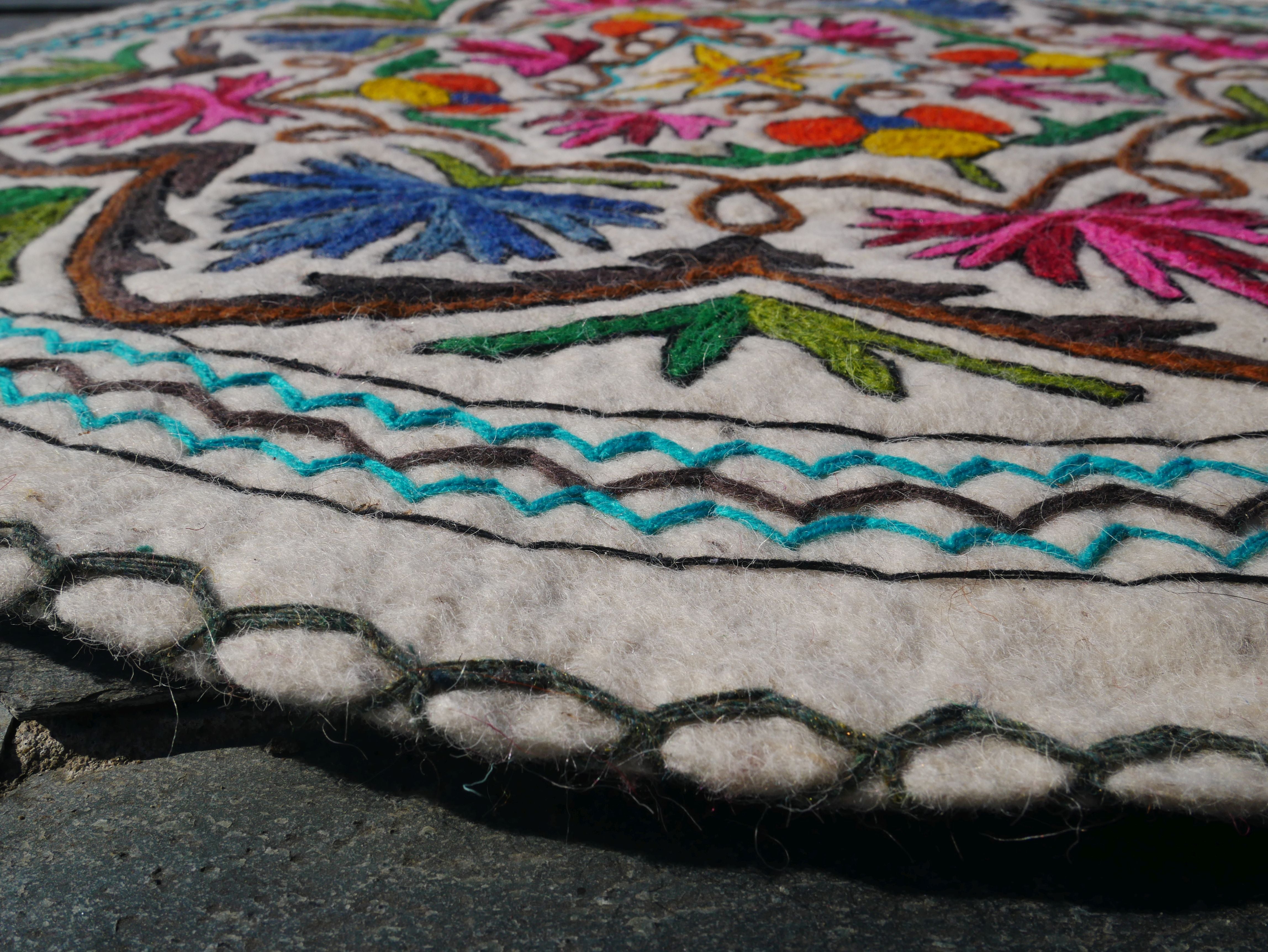 Round Mandala rug | Kashmiri "Namda" felt wool rug, hand embroidered colorful boho accent rug - The Shanti Home