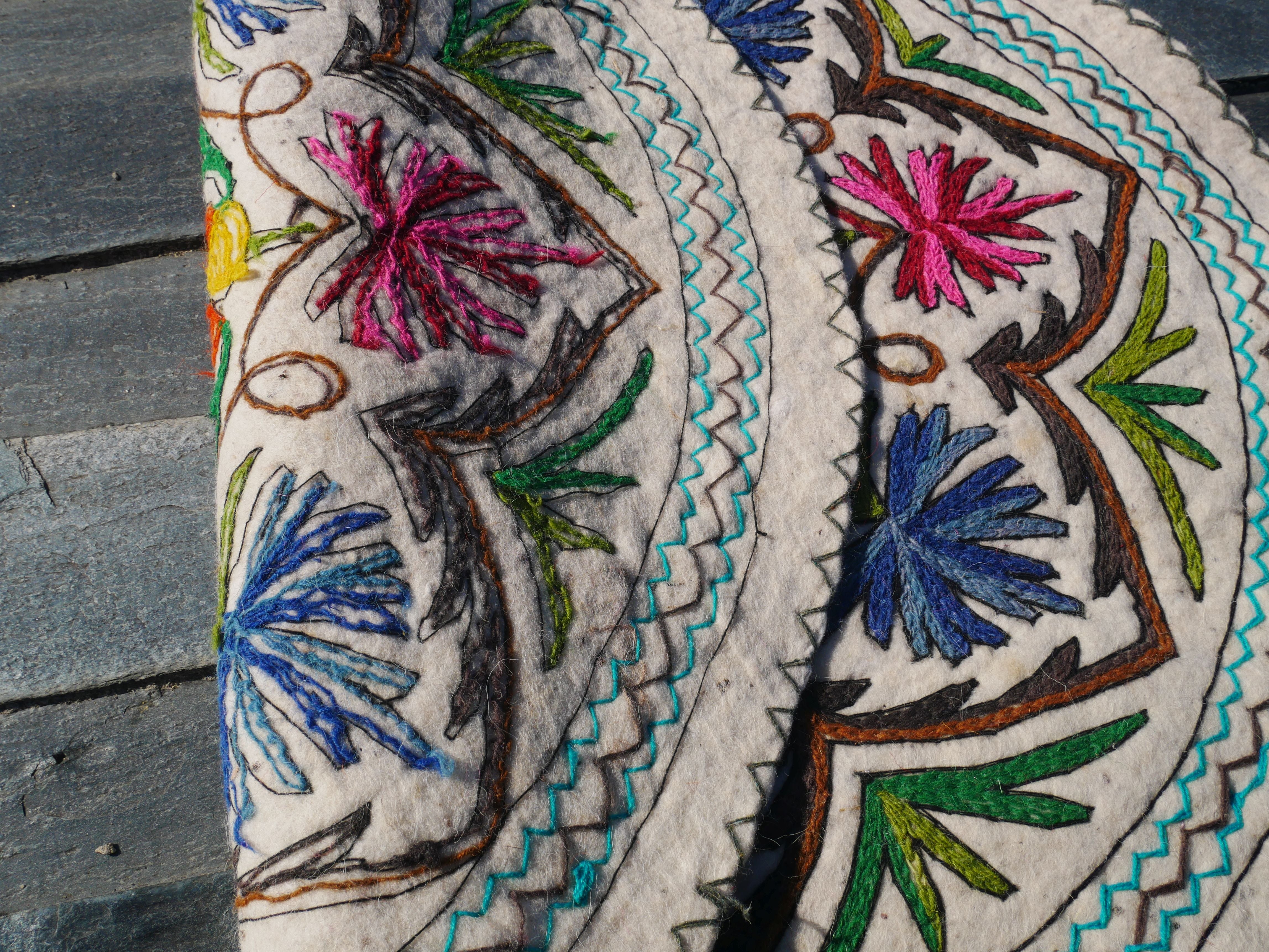 Round Mandala rug | Kashmiri "Namda" felt wool rug, hand embroidered colorful boho accent rug - The Shanti Home