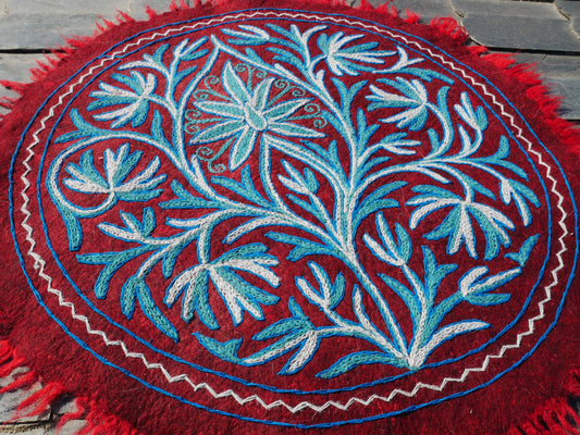 Round flower rug | Kashmiri "Namda" felt wool rug, hand embroidered colorful boho accent rug