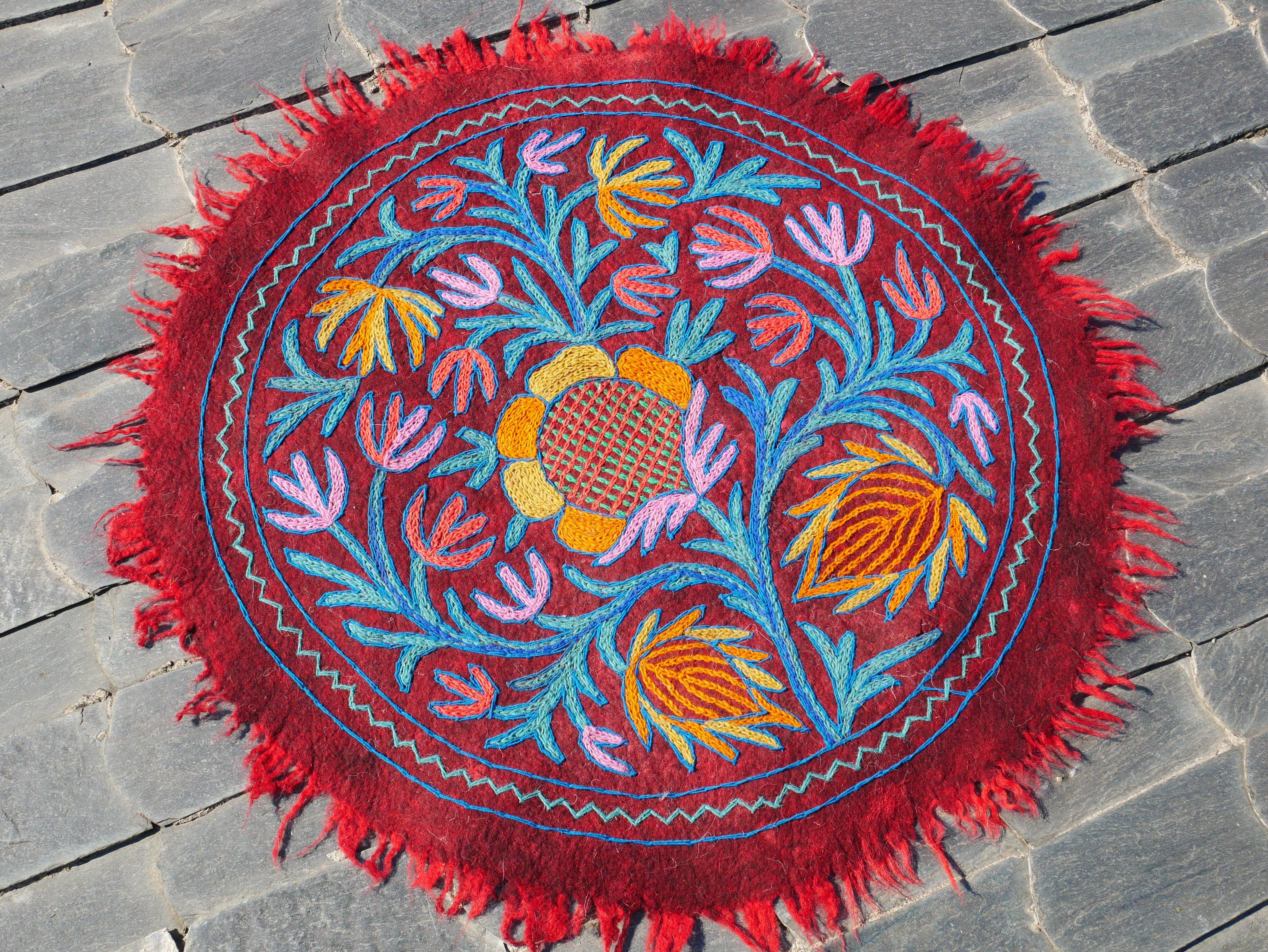 Round flower rug | Kashmiri "Namda" felt wool rug, hand embroidered colorful boho accent rug - The Shanti Home