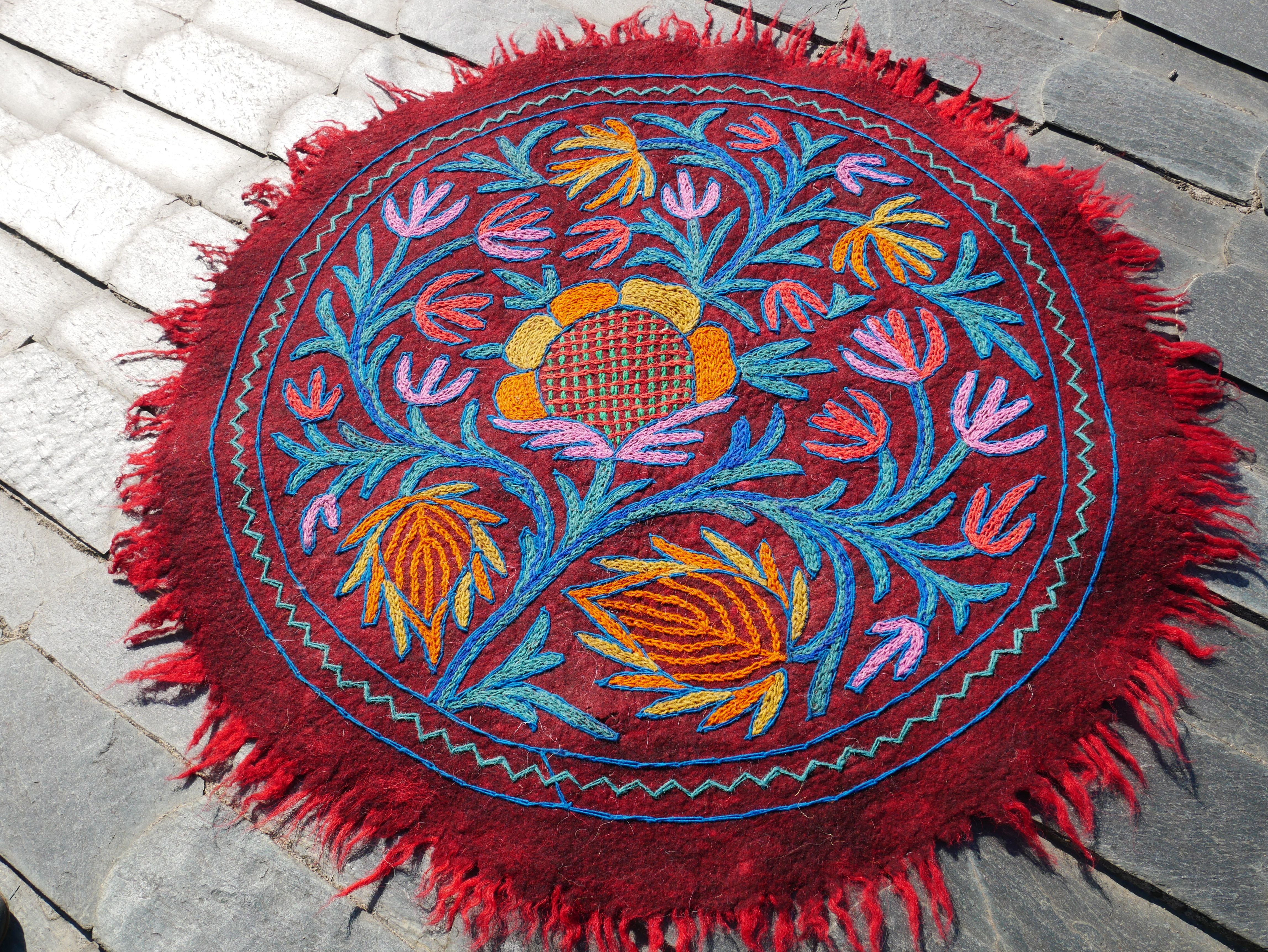 Round flower rug | Kashmiri "Namda" felt wool rug, hand embroidered colorful boho accent rug - The Shanti Home