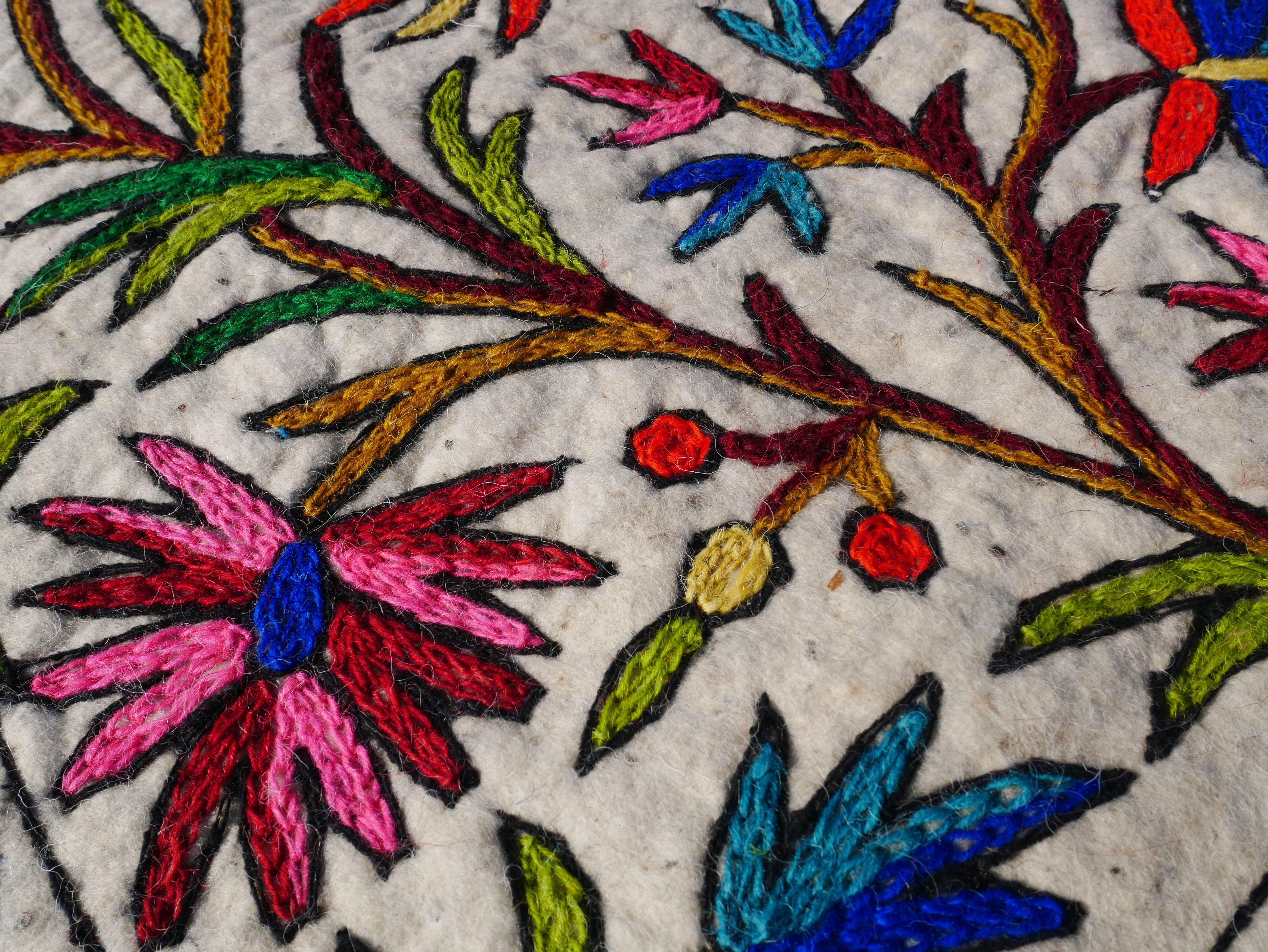 2x6 Wool Felt Floor Runner “Namda” | Boho Yoga & Meditation Rug | Hand-Embroidered Kashmir Mat