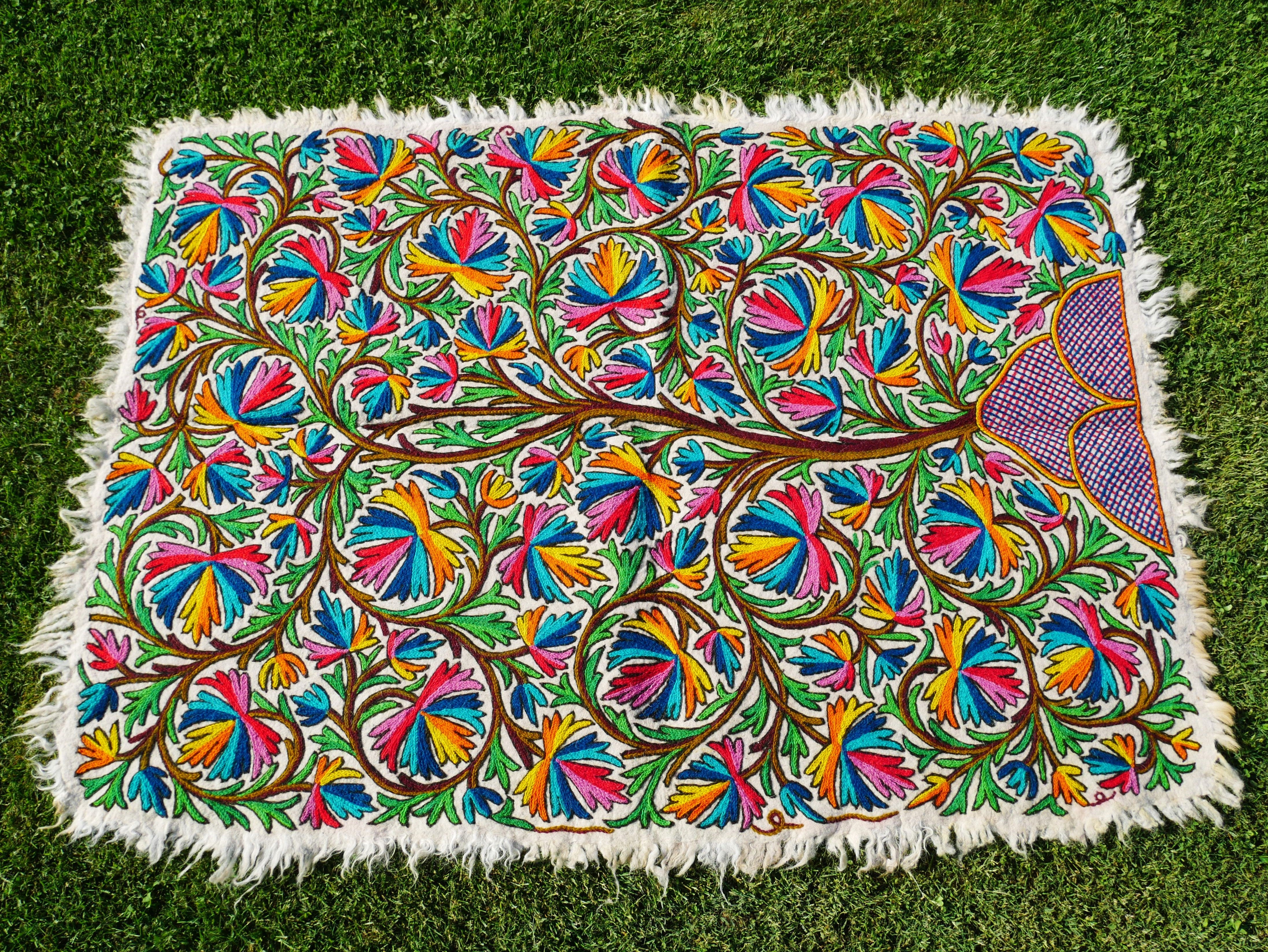 Kashmiri Namda "Tree of life" traditional hand felted and embroidered rug | Colorful boho style rug for cozy home decor - The Shanti Home
