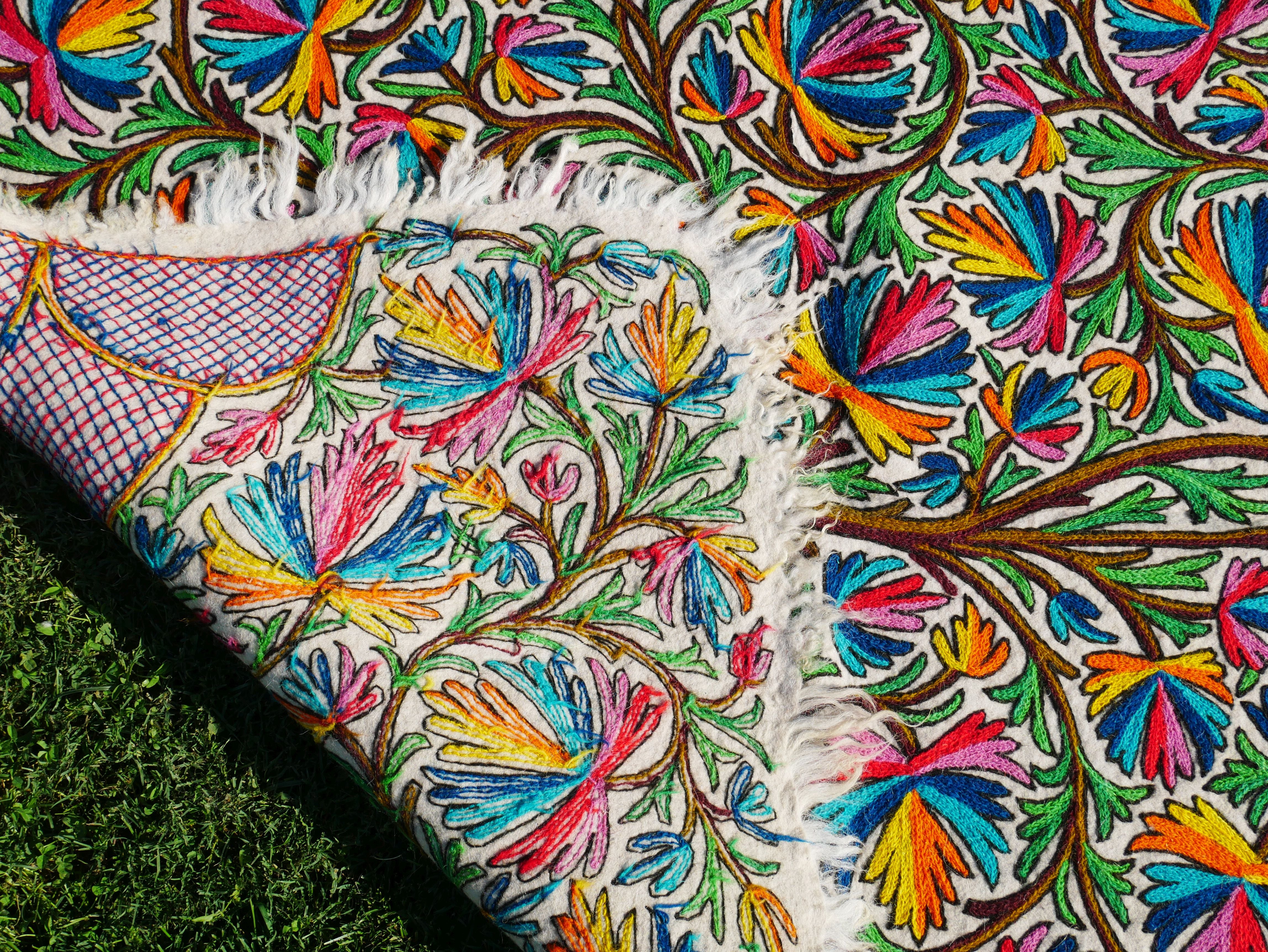 Kashmiri Namda "Tree of life" traditional hand felted and embroidered rug | Colorful boho style rug for cozy home decor - The Shanti Home