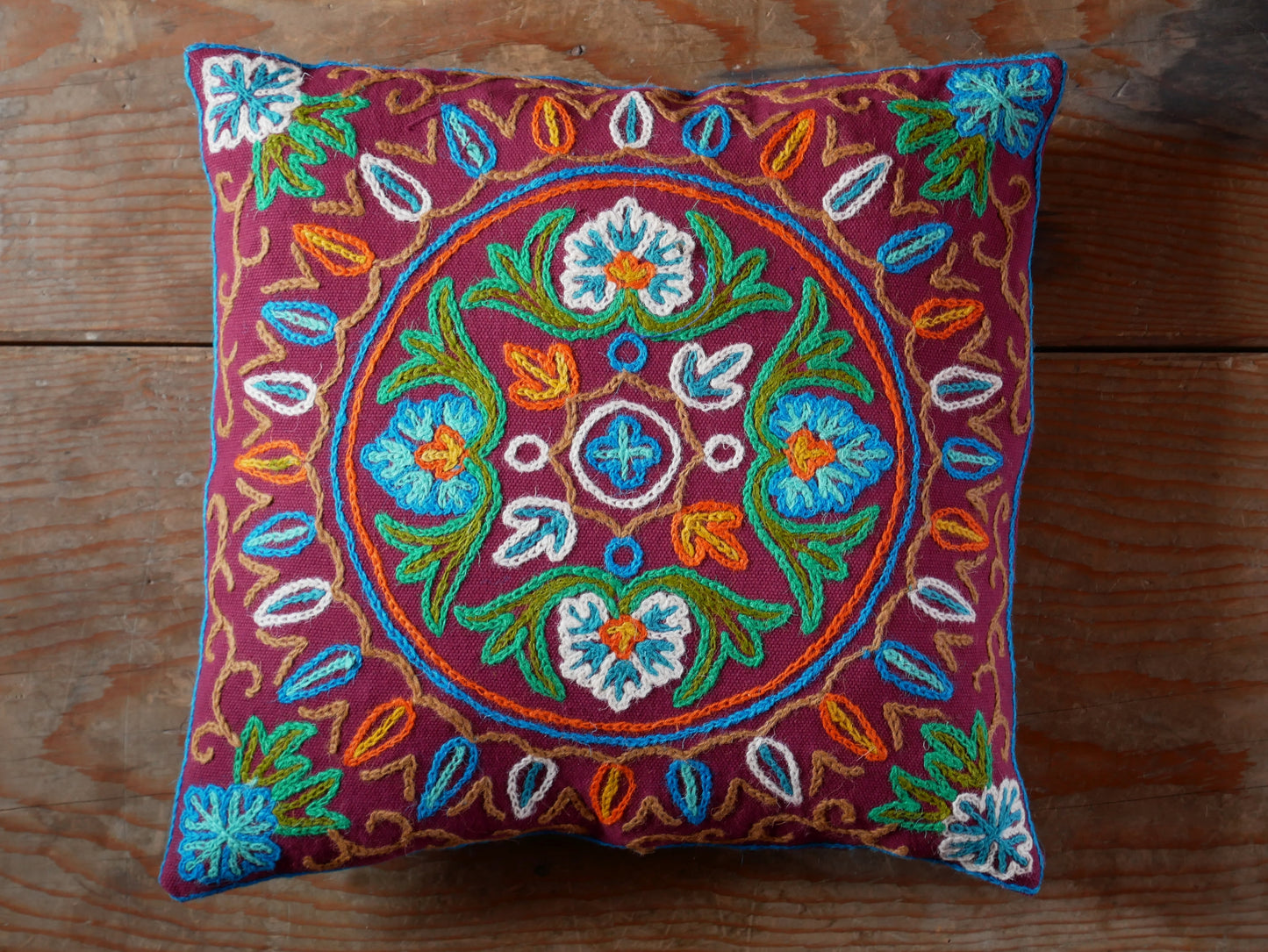 Colorful Kashmiri Crewel Pillow Covers: Handcrafted by Artisans  16x16 inches