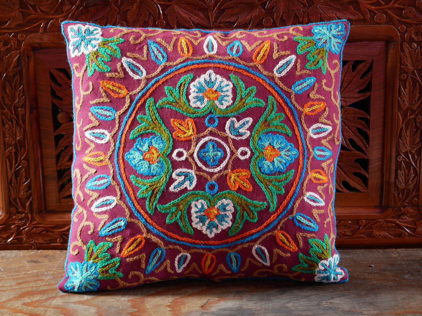 Colorful Kashmiri Crewel Pillow Covers: Handcrafted by Artisans  16x16 inches