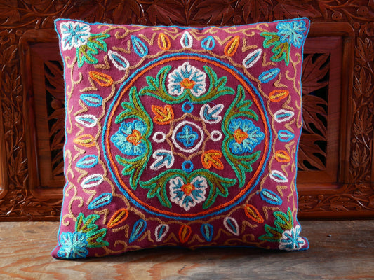 Colorful Kashmiri Crewel Pillow Covers: Handcrafted by Artisans  16x16 inches
